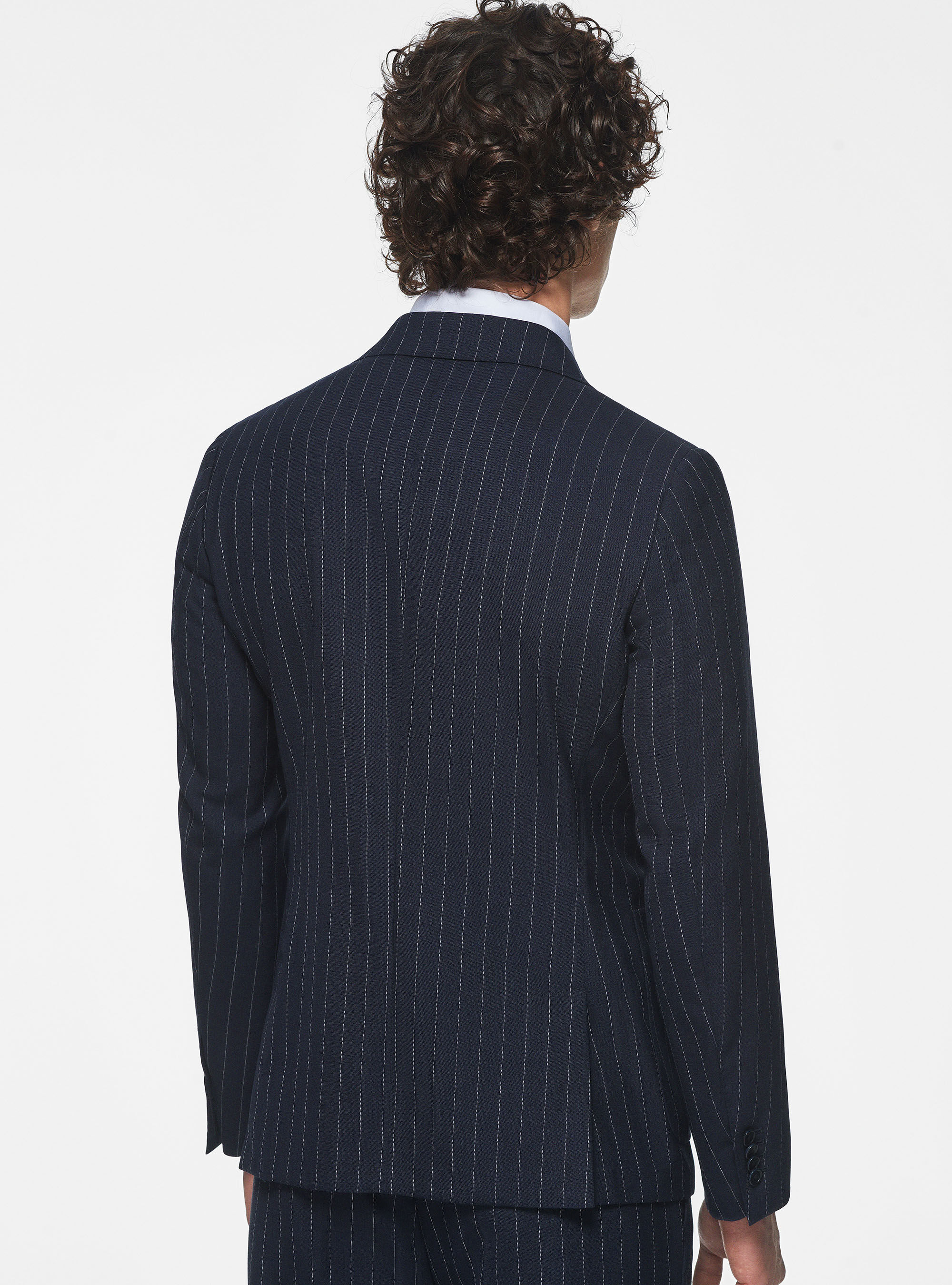 Giacca doppiopetto in pura lana gessata, BLU NAVY