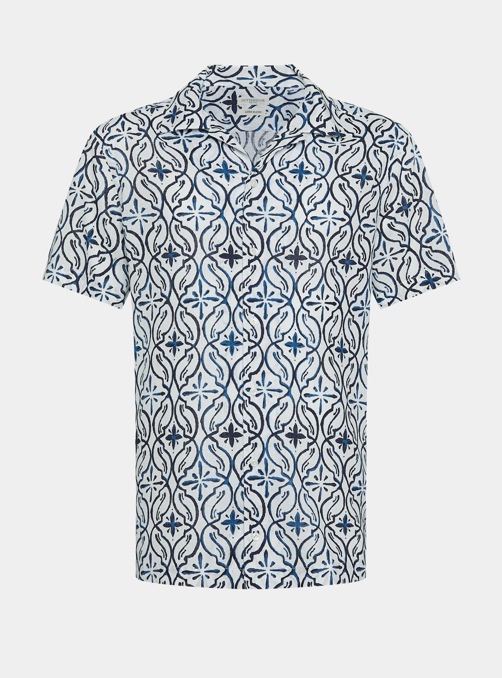 Camicia bowling in lino e cotone stampato, BLU NAVY