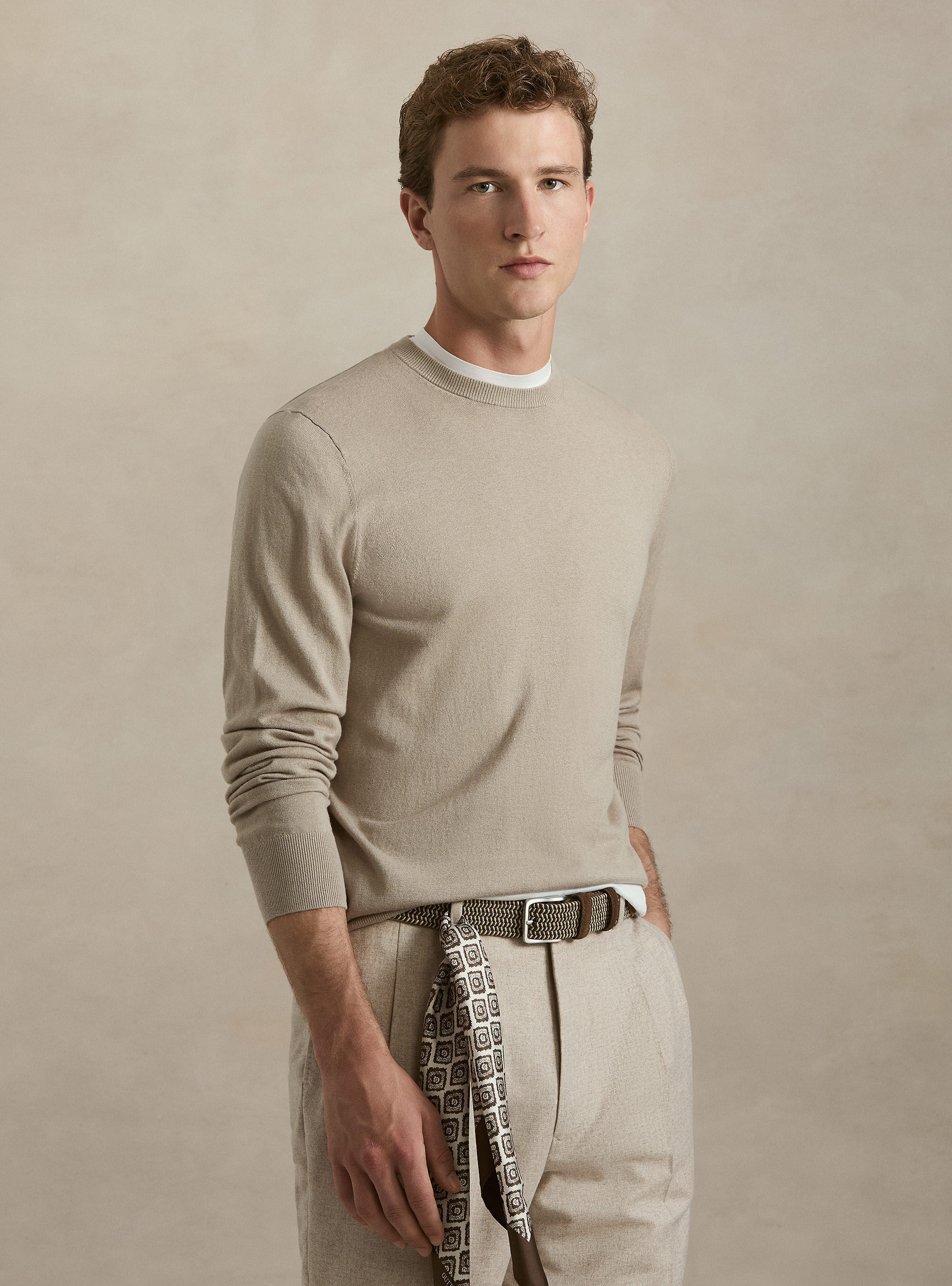 Maglia girocollo in cotone seta e cashmere, SABBIA