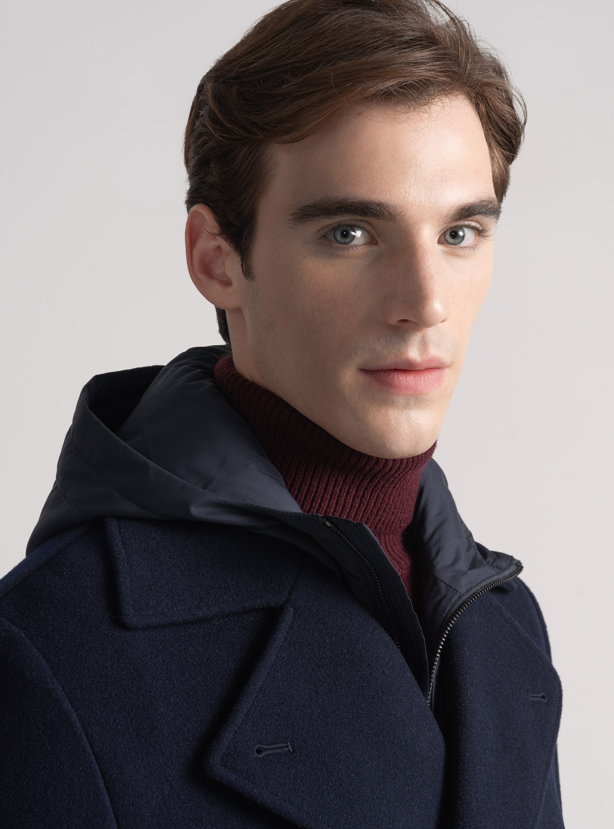 Peacoat en laine m&eacute;lang&eacute;e avec plastron, BLEU MARINE