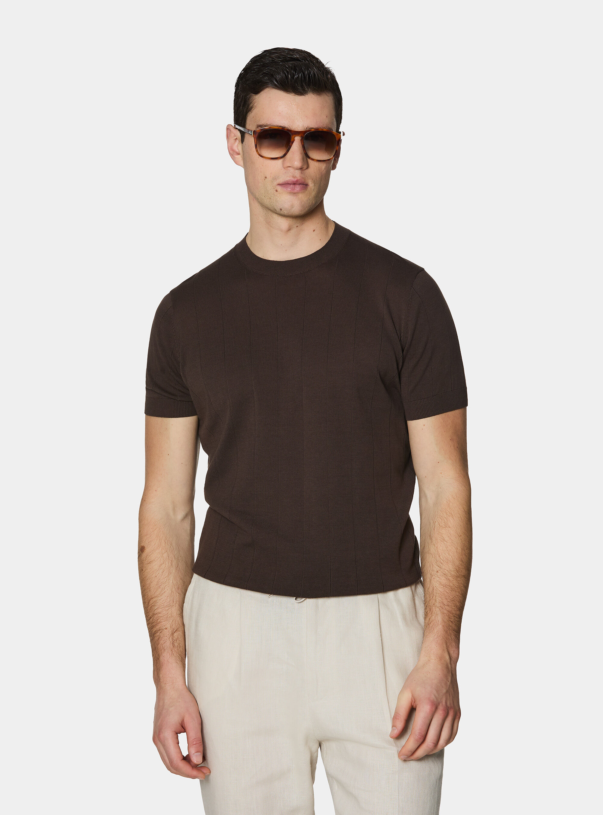 Maglia in puro cotone costa piatta, MARRONE