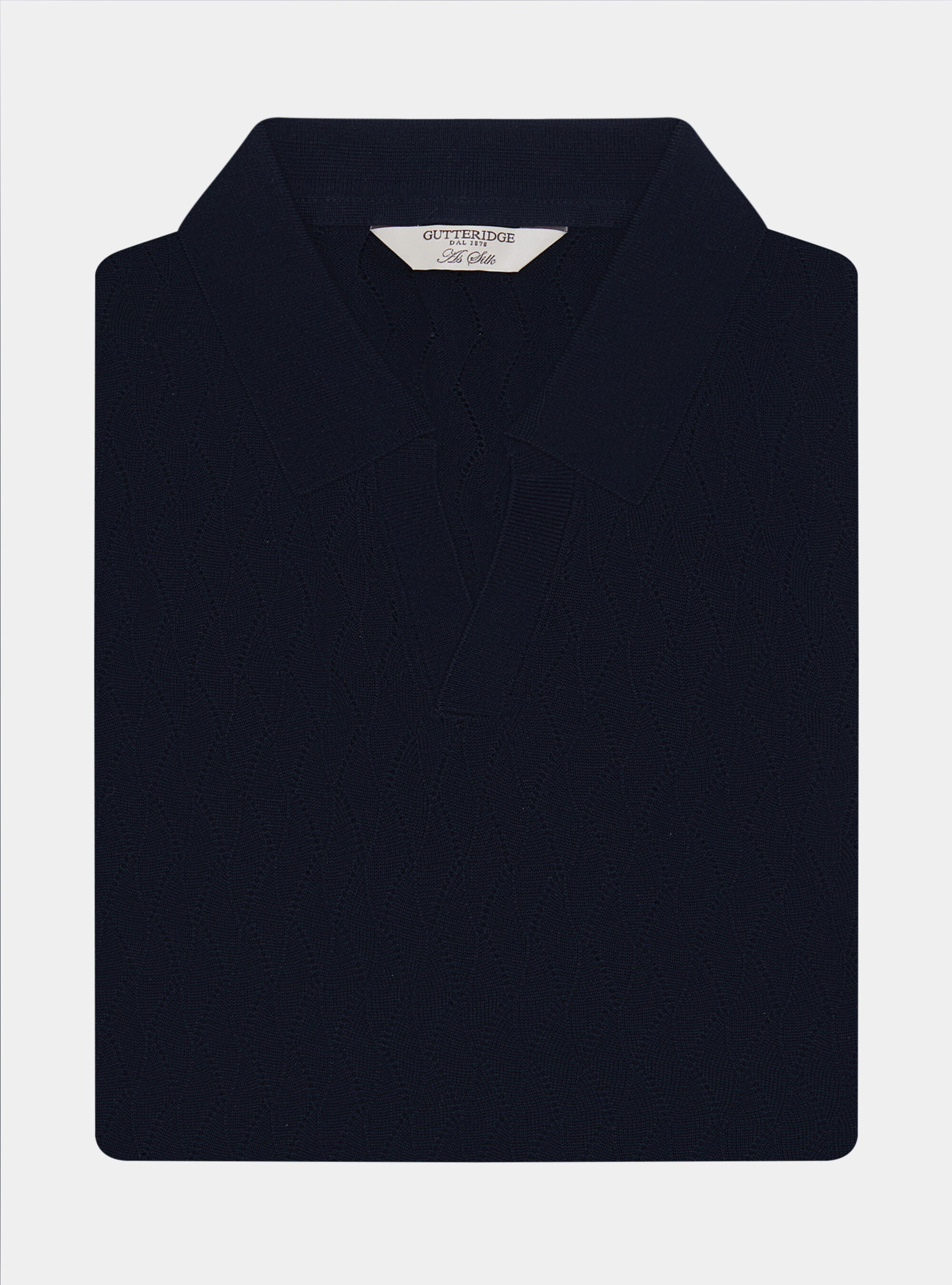 Cotton and silk buttonless perforated knit polo shirt, NAVY BLUE