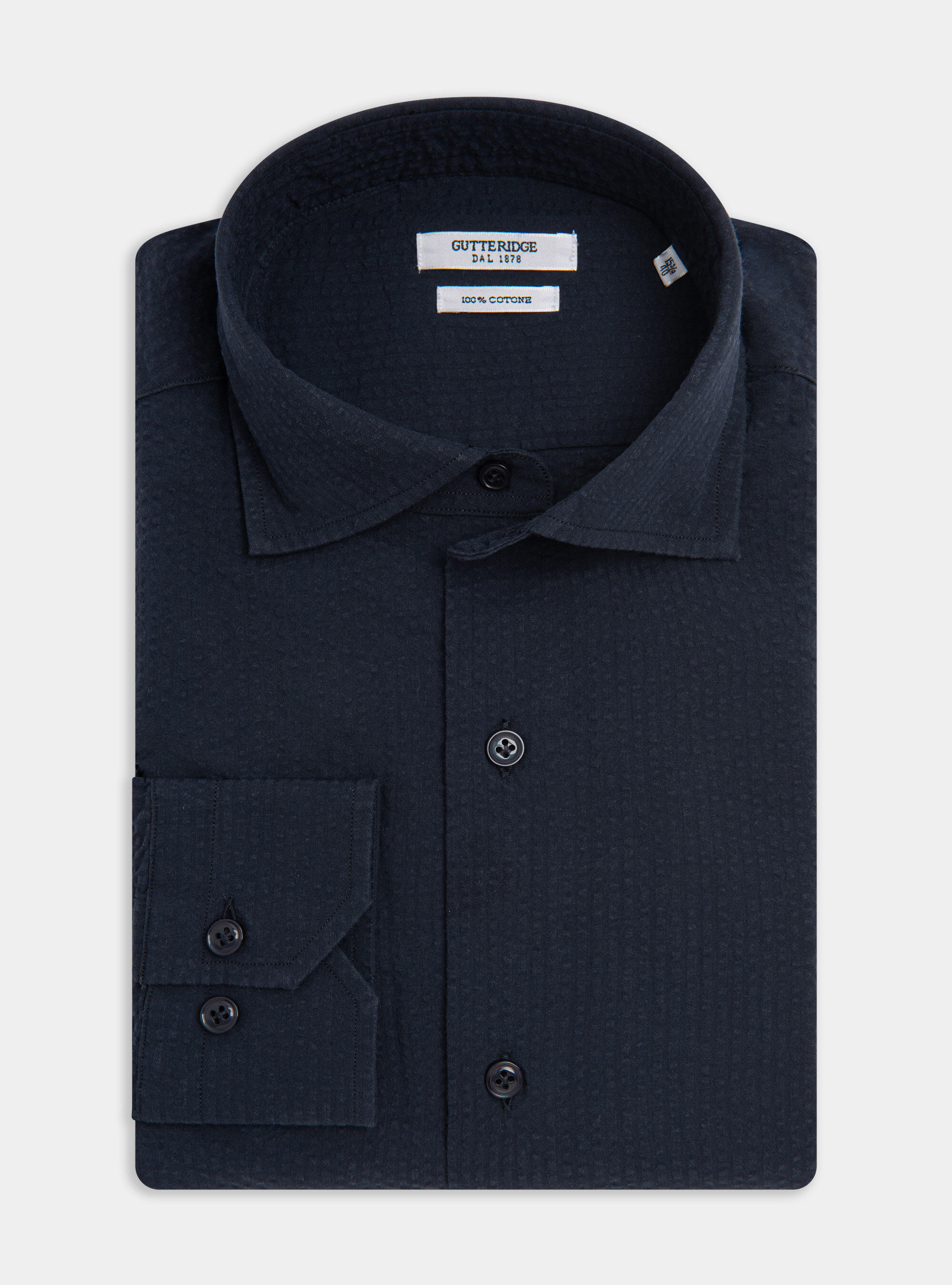 Camicia collo semi francese in cotone seersucker, BLU NAVY