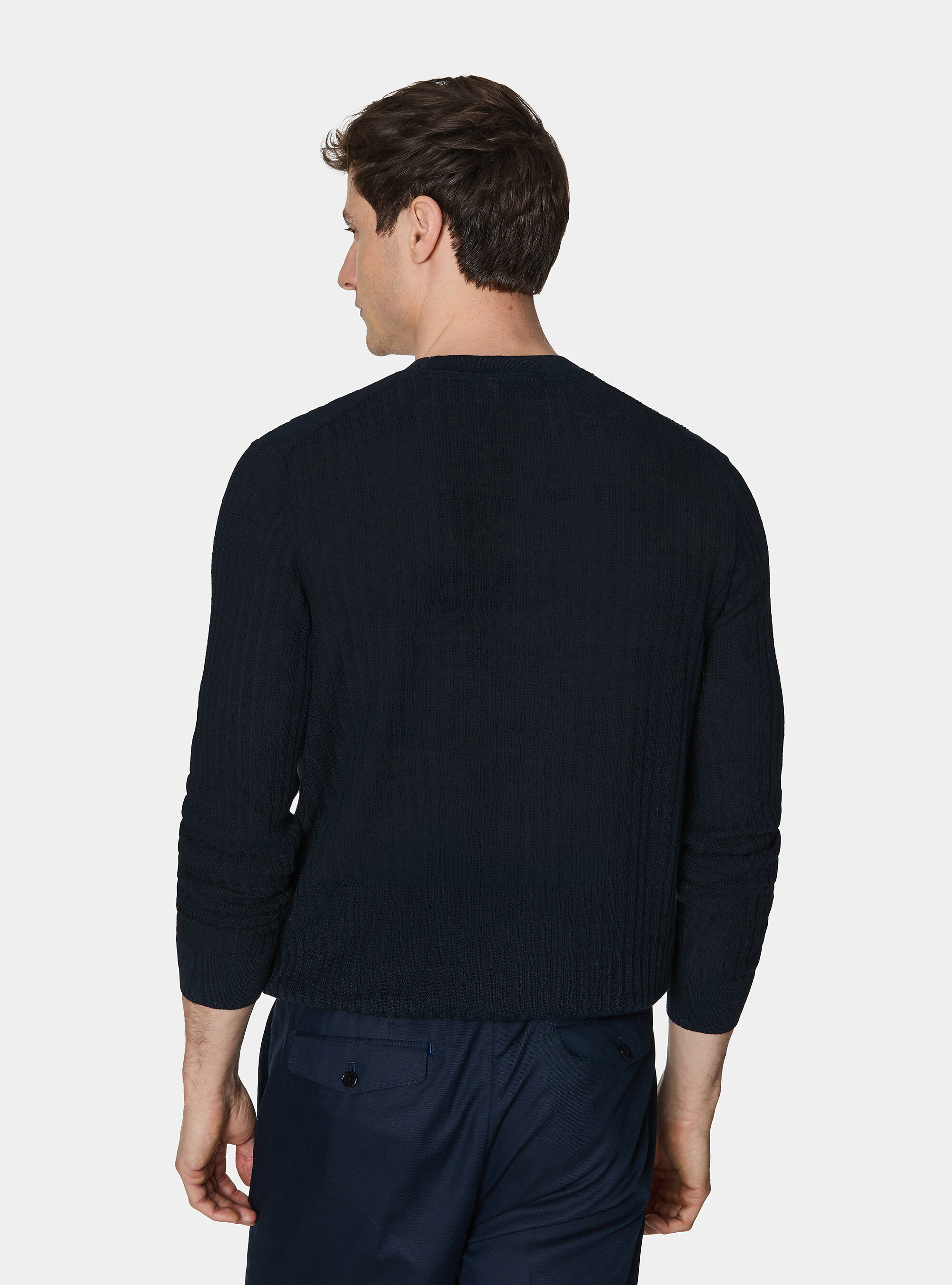 Maglia girocollo a costine in puro lino, BLU NAVY