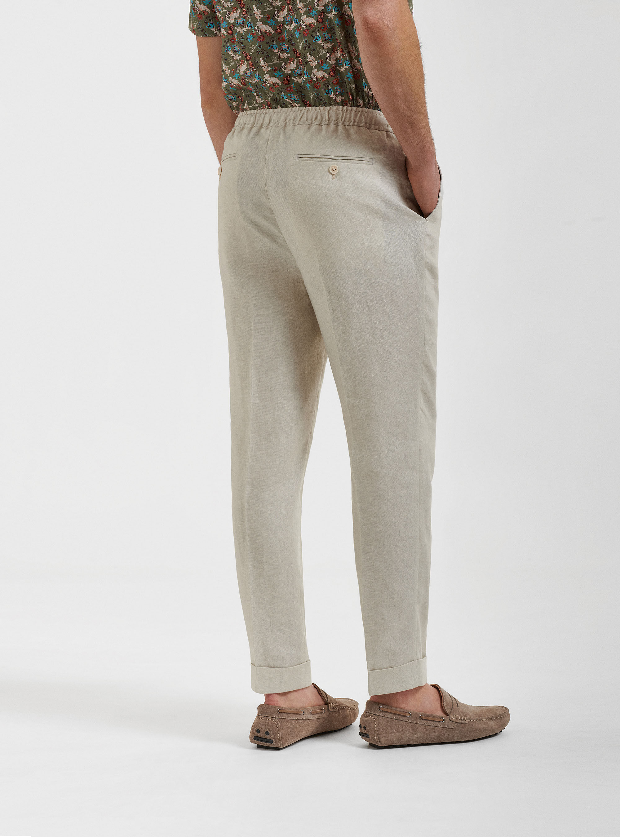 Pure linen pleat and drawstring trousers, ECRU