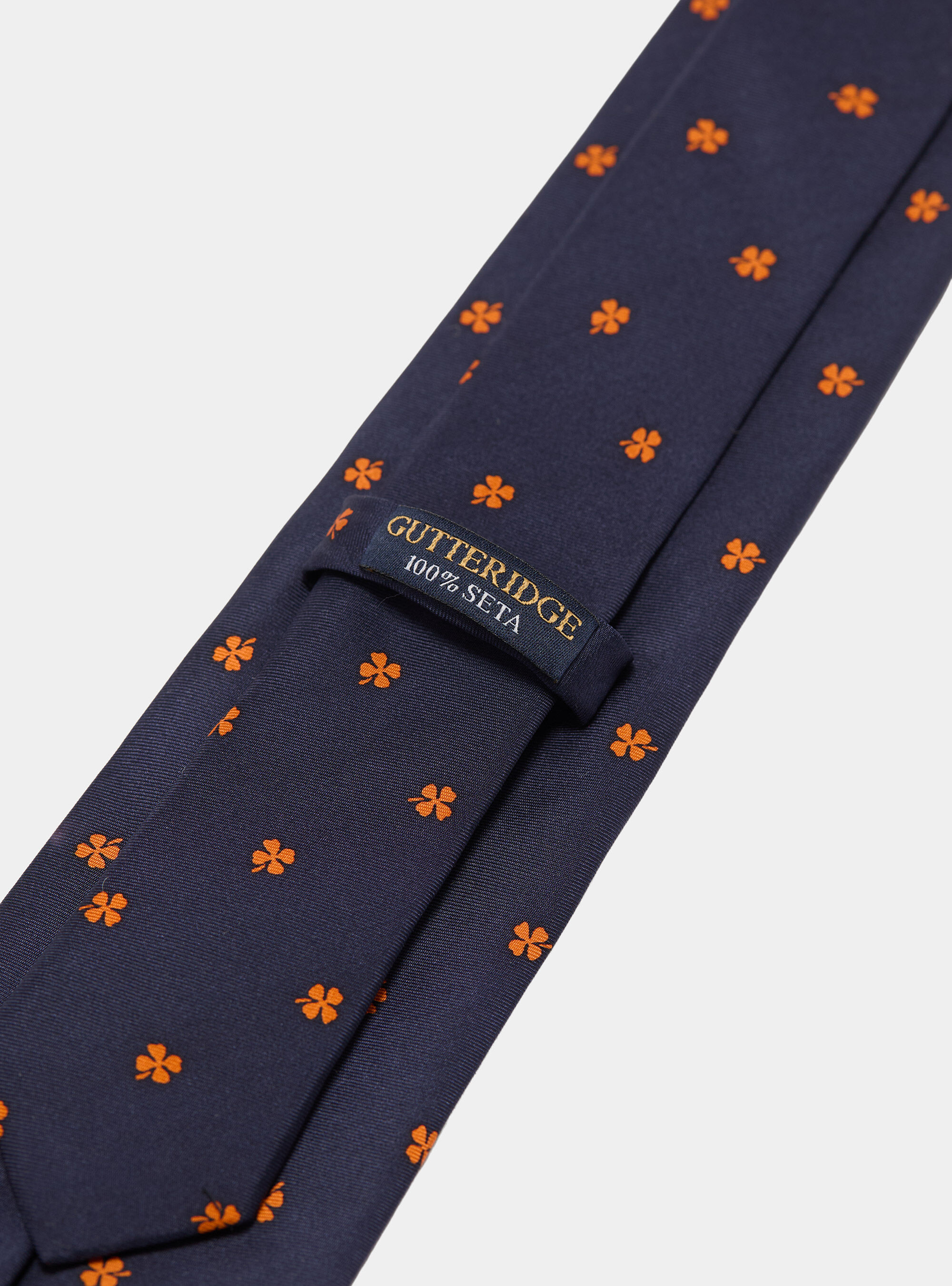 Silk tie with a four-leaf clover print, NAVY/ORANGE