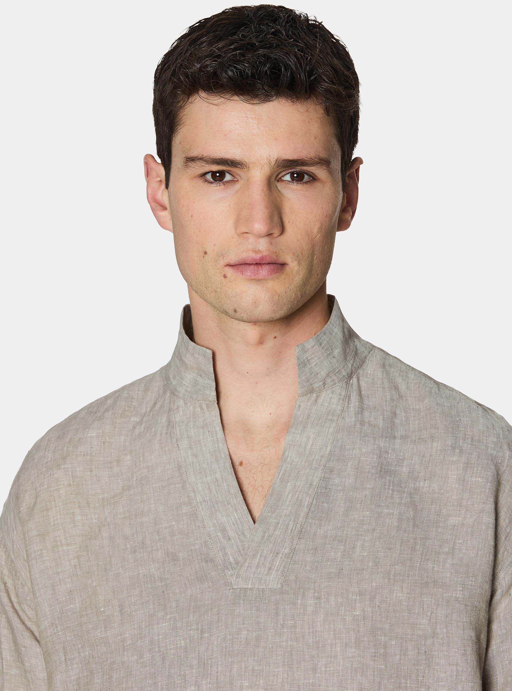 Pure linen shirt with wing collar, SABBIA MELANGE 0564C