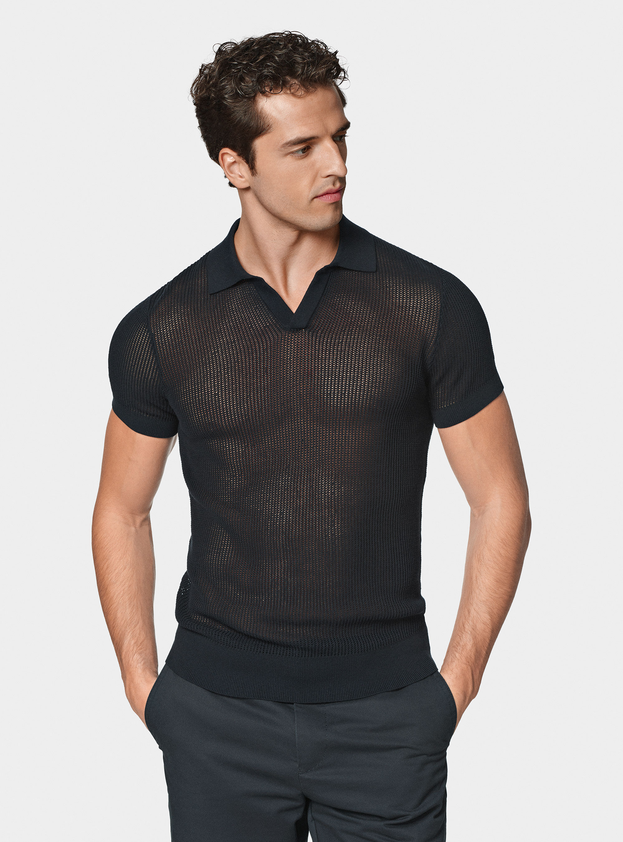 Crochet polo shirt, NAVY BLUE