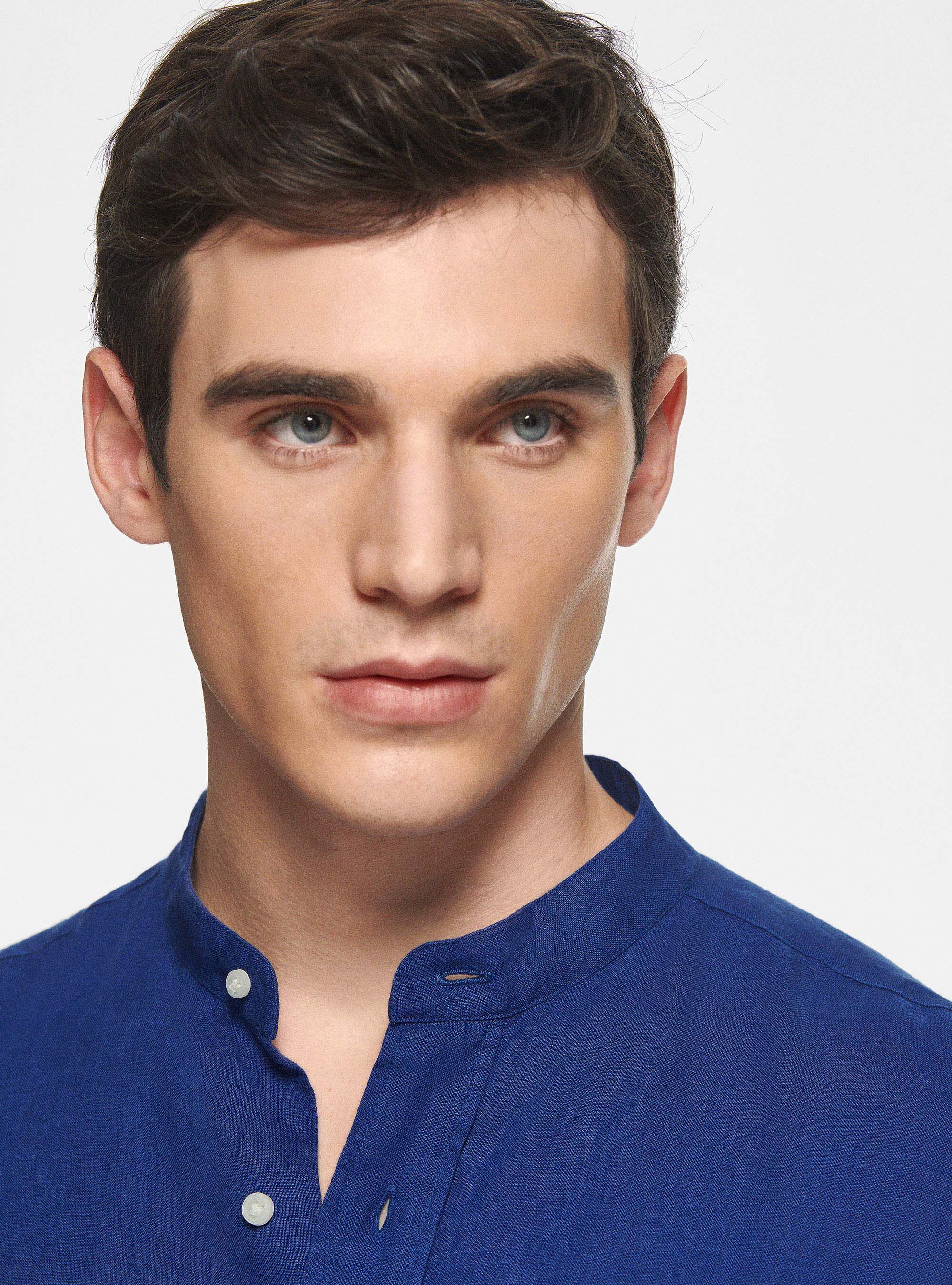 Camisa coreana en puro lino, AZUL MEDIO