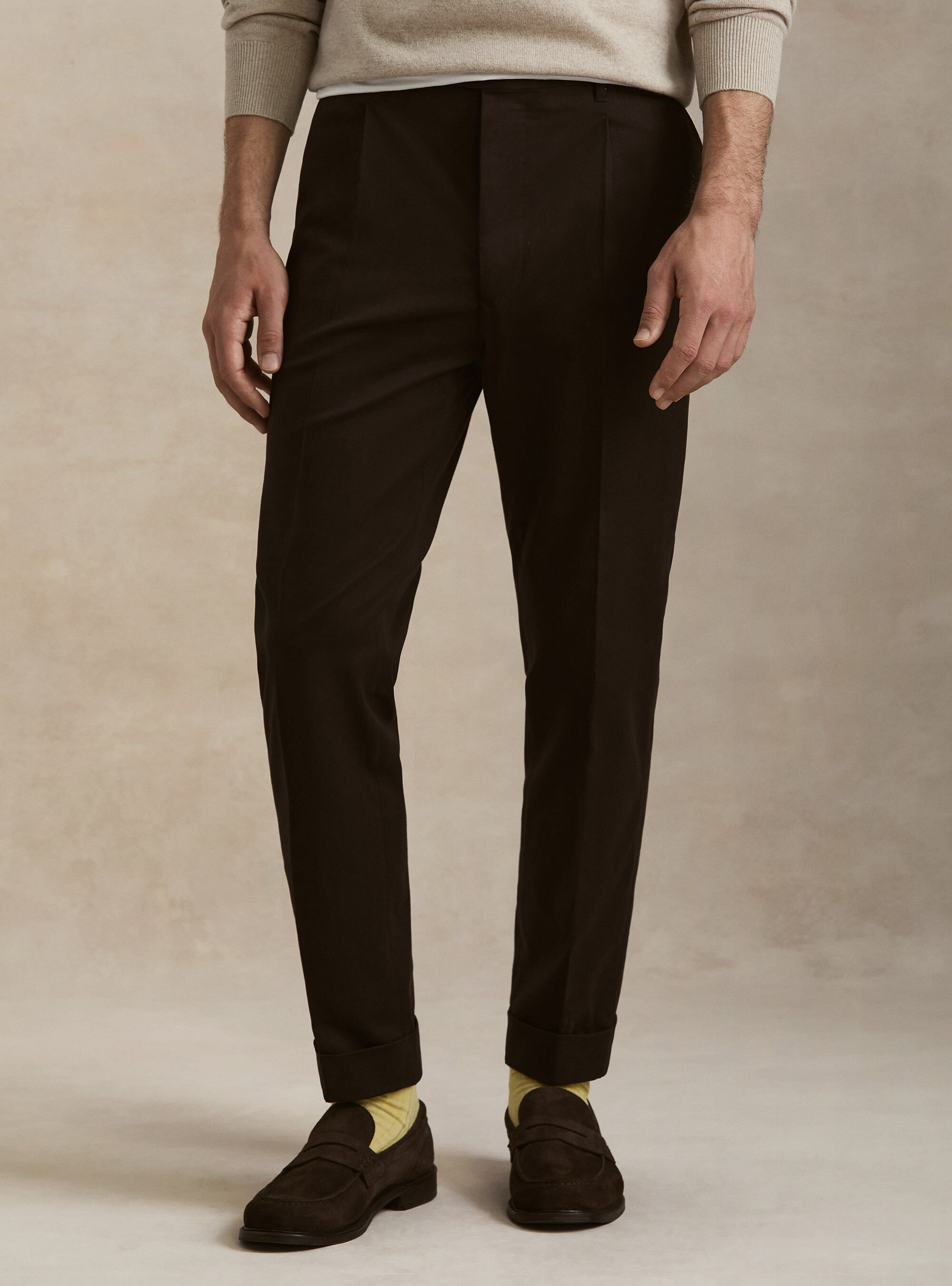Cotton and cashmere twill pleated trousers