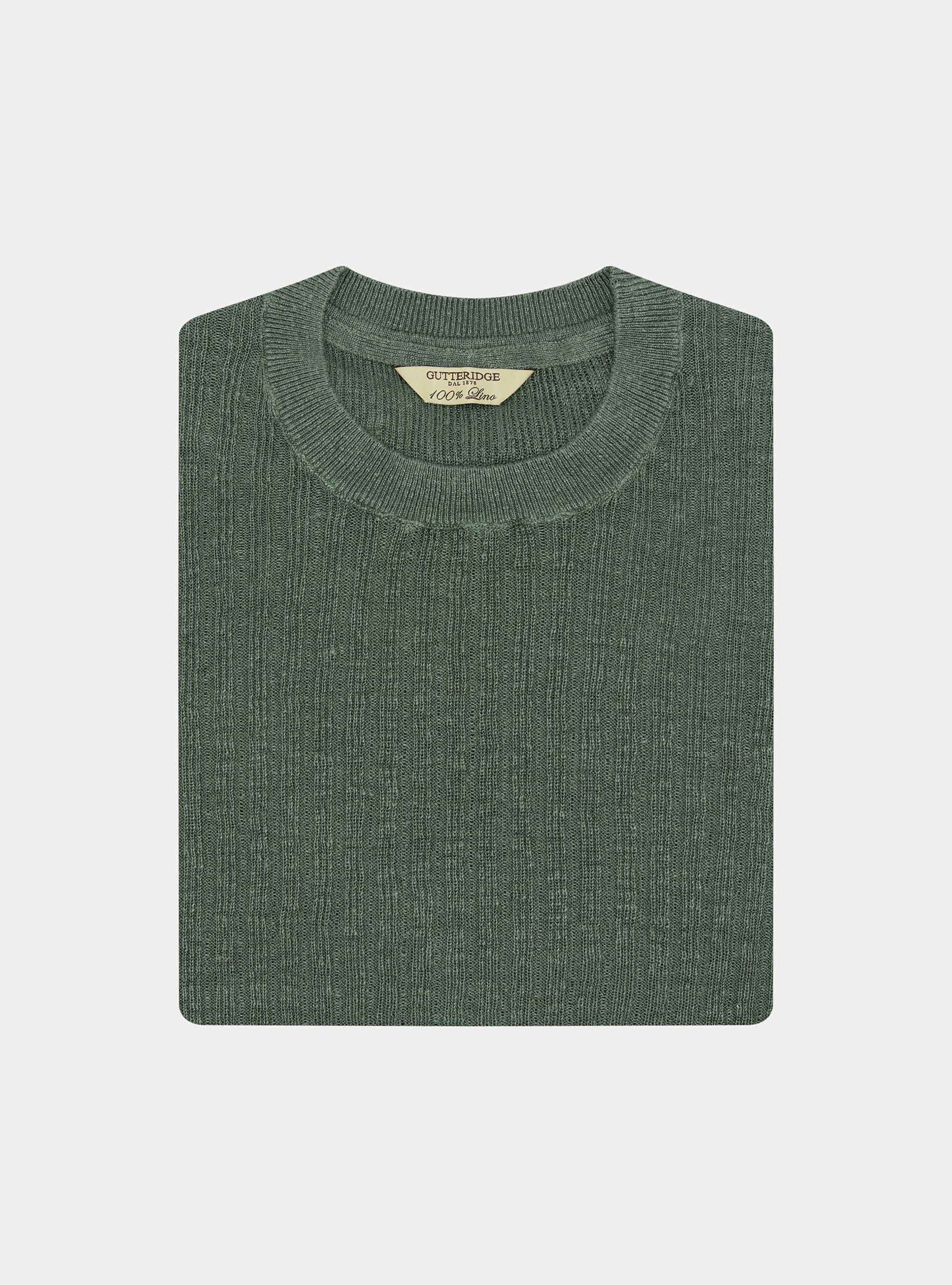 Maglia girocollo a costine in puro lino, SALVIA 0602C