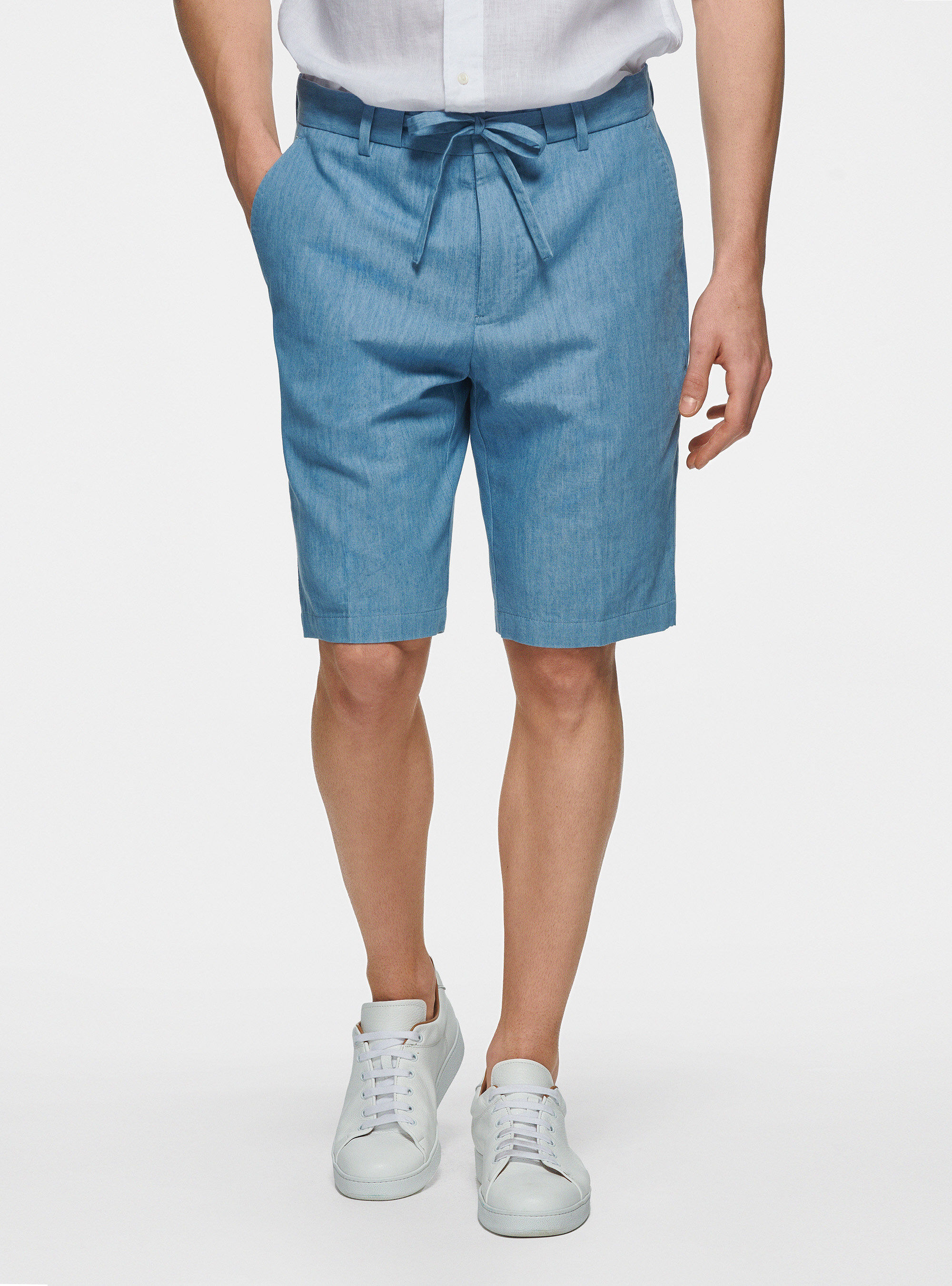 Cotton chambray bermuda shorts with drawstring