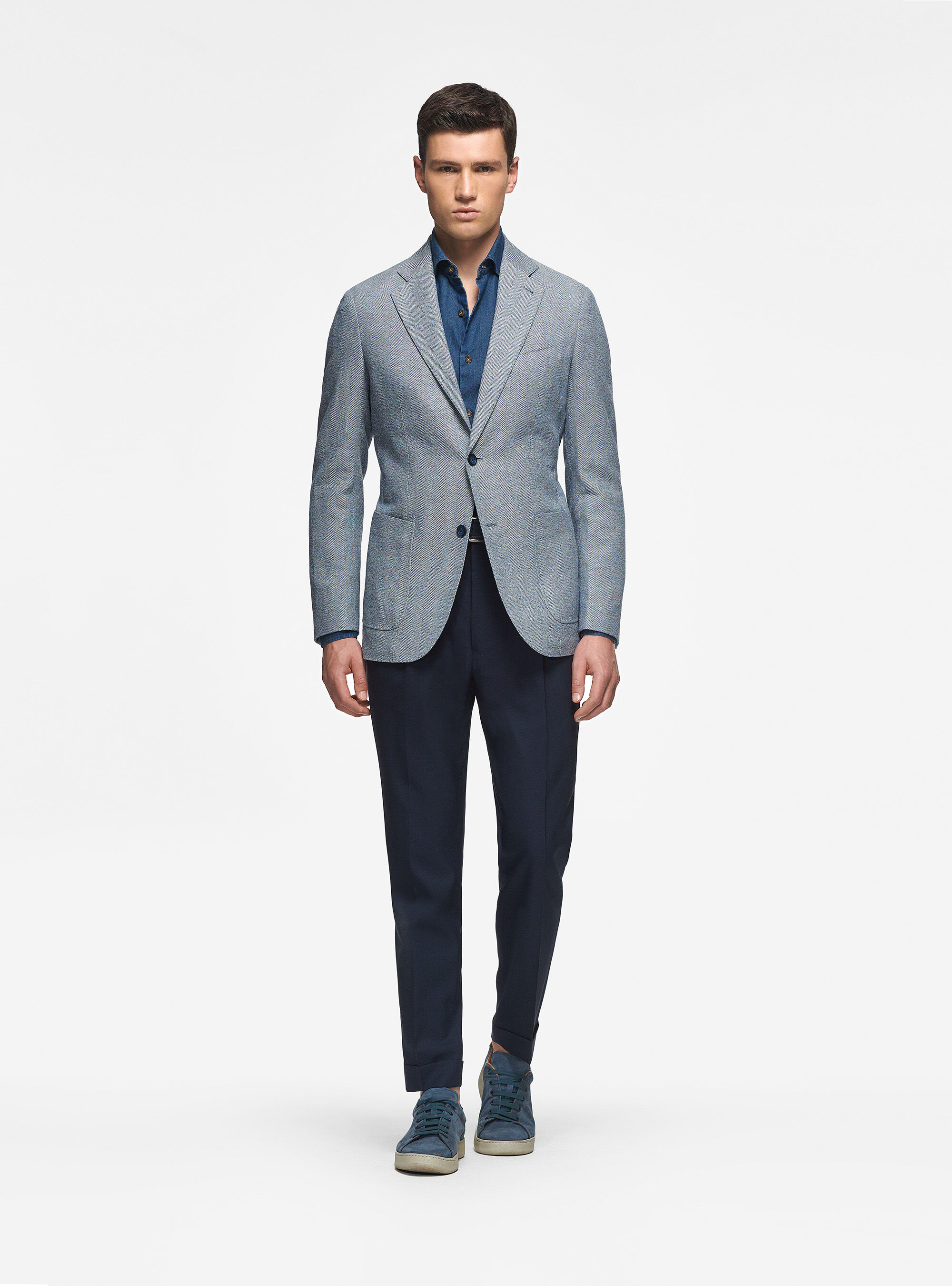 Giacca in cotone e lino spigato, BLU NAVY