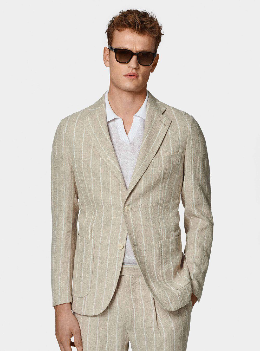 Giacca abito rigato in puro lino crepe