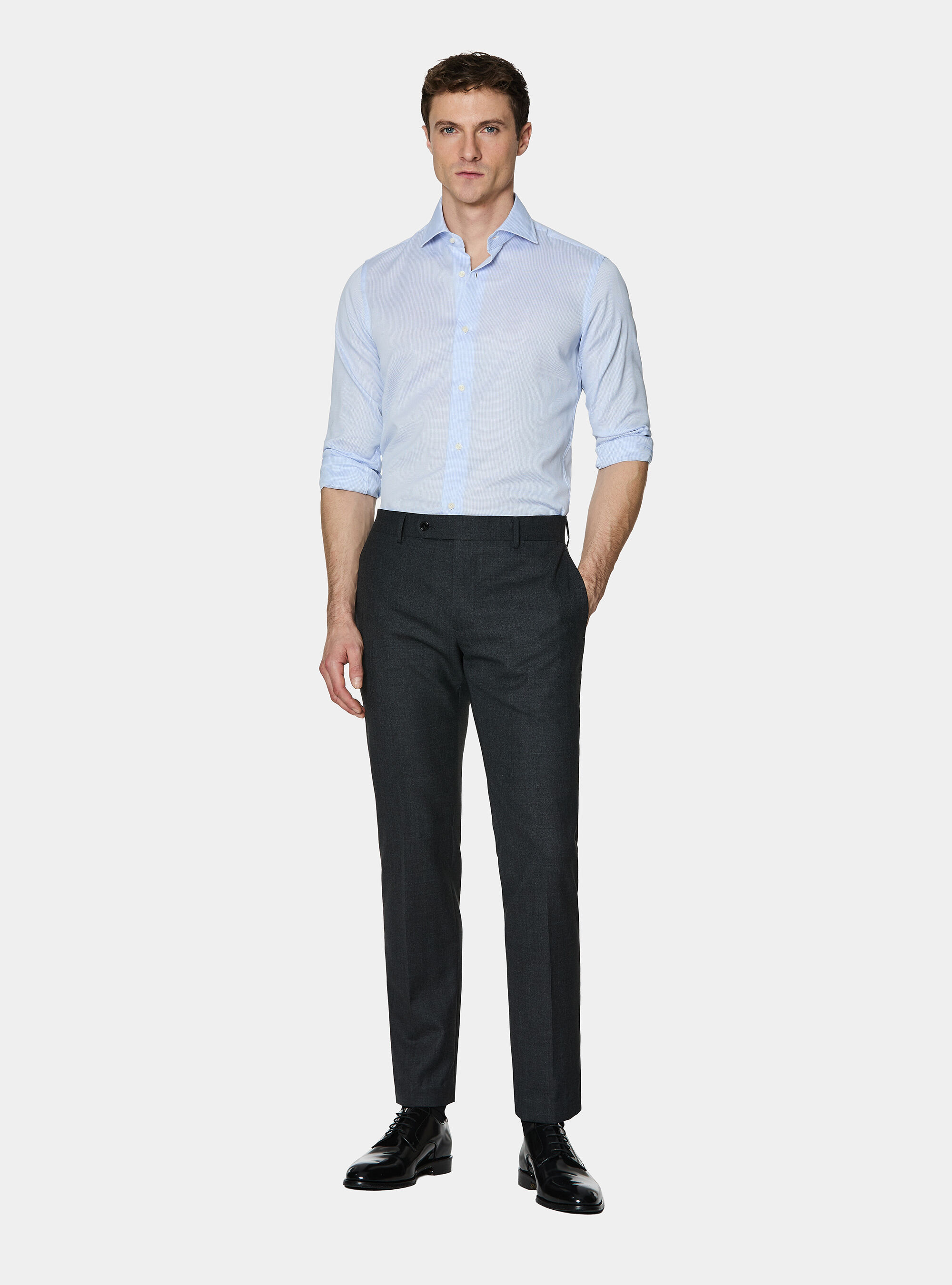 Micro check pattern cotton shirt, LIGHT BLUE