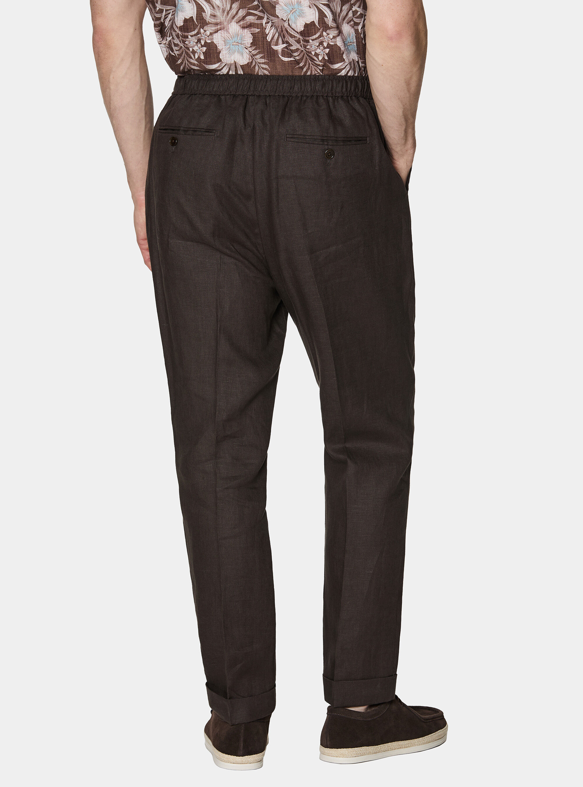 Pantal&oacute;n de lino puro con pinzas y cord&oacute;n de ajuste, MARRON