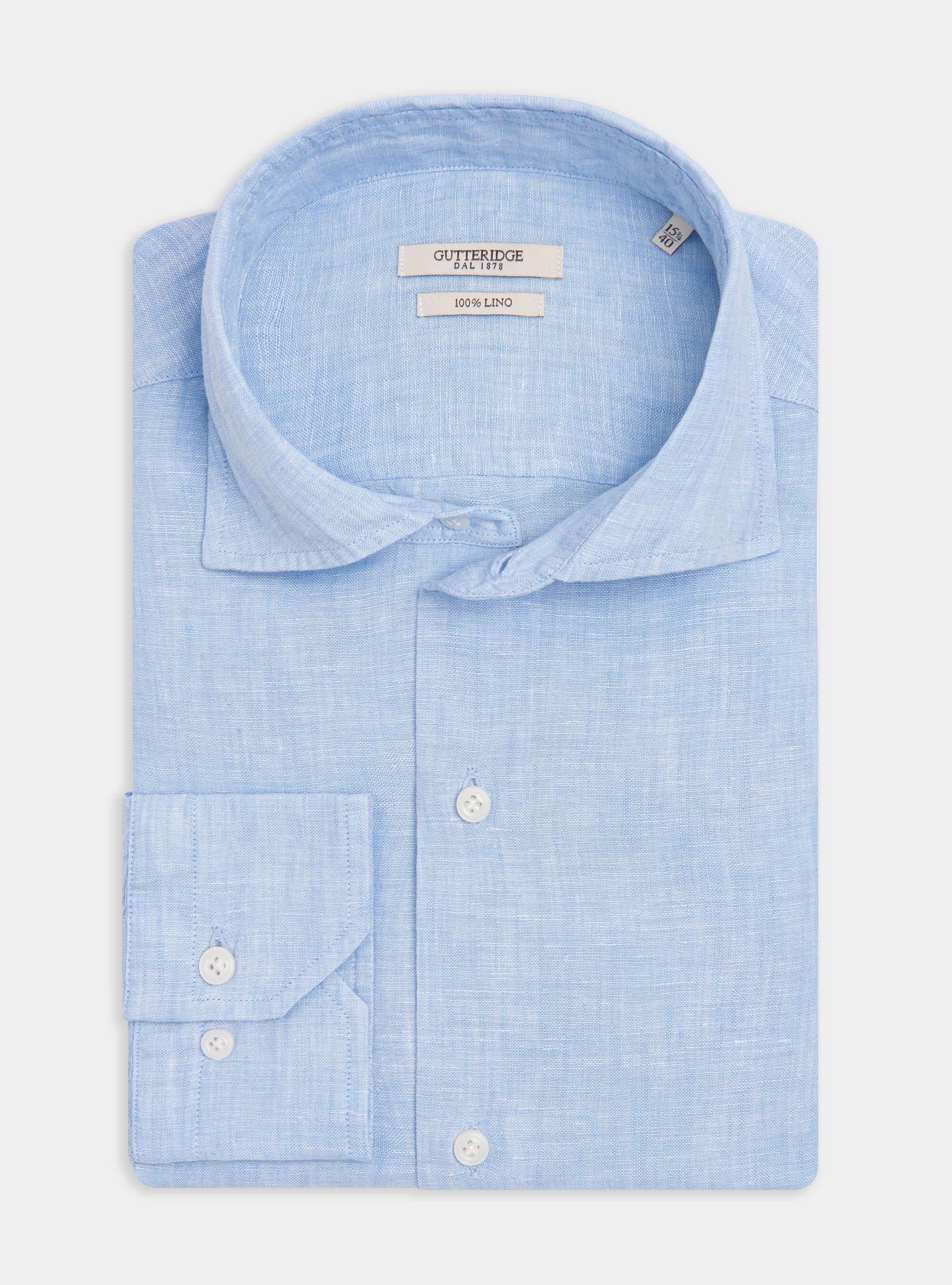 Camicia collo semi francese in puro lino, AZZURRO