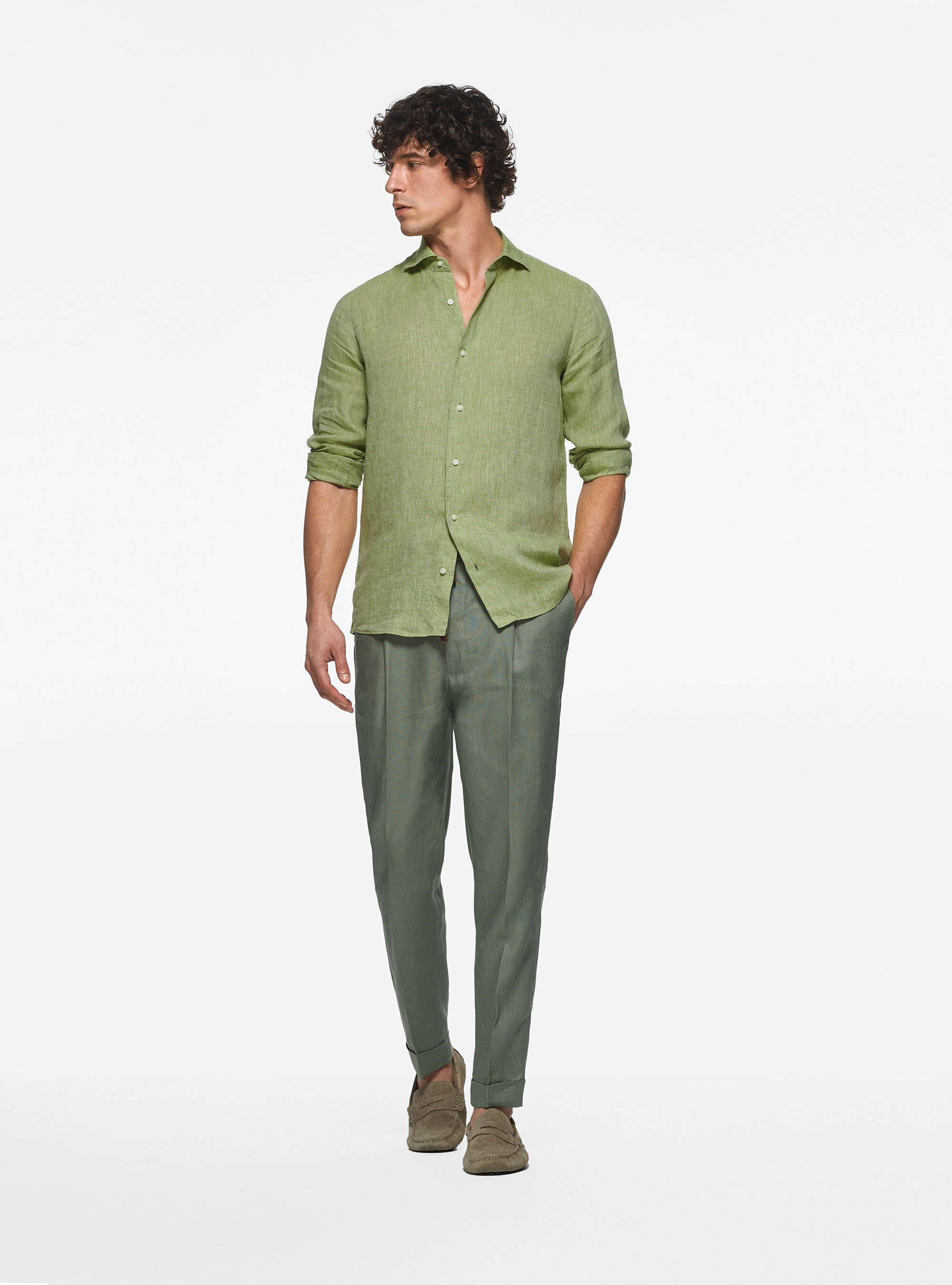 シャツ GREEN AND MULTICOLOR LINEN SHIRT mid-green-striped-linen-