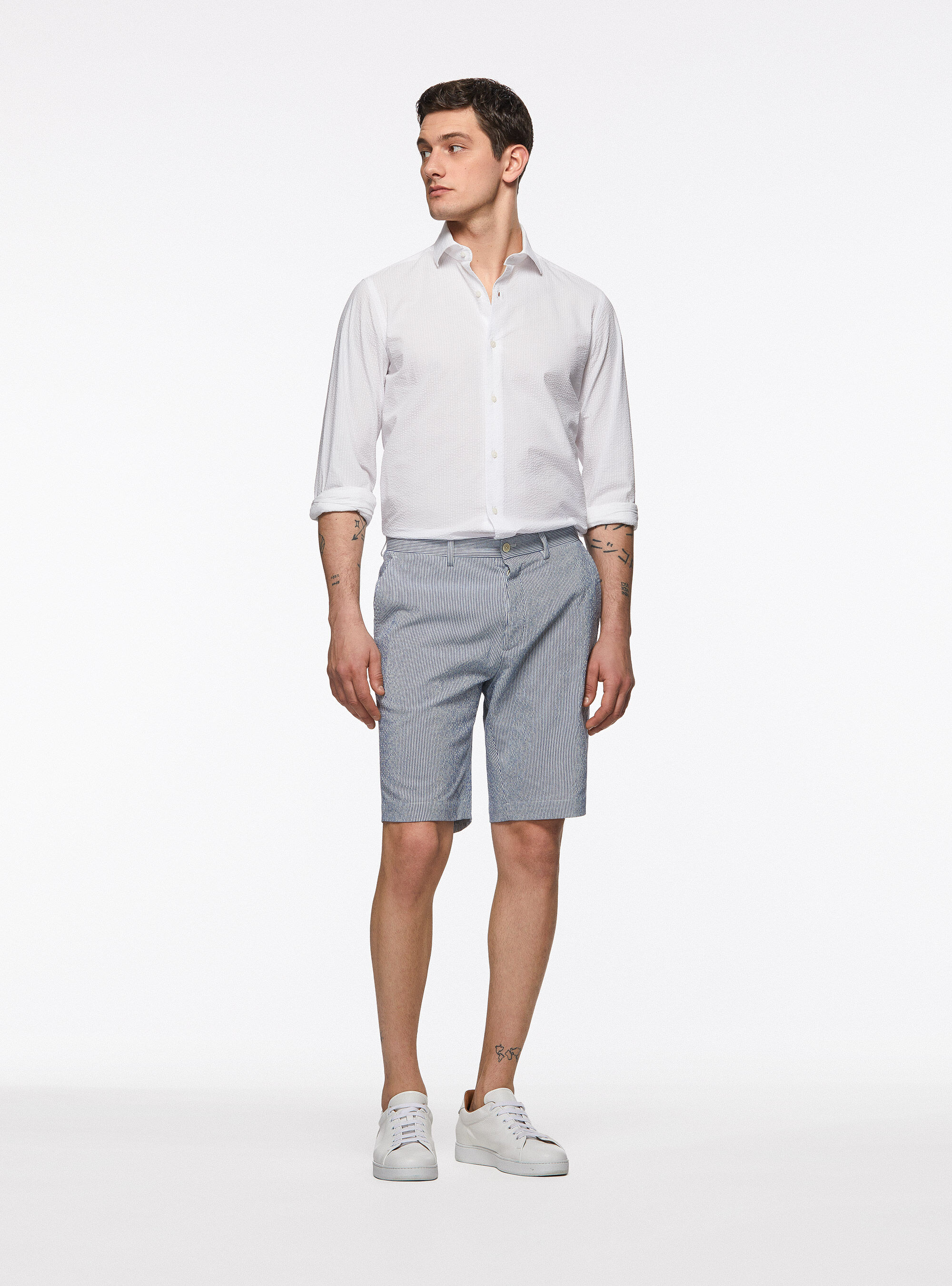 Stretch cotton seersucker shorts, BLUE