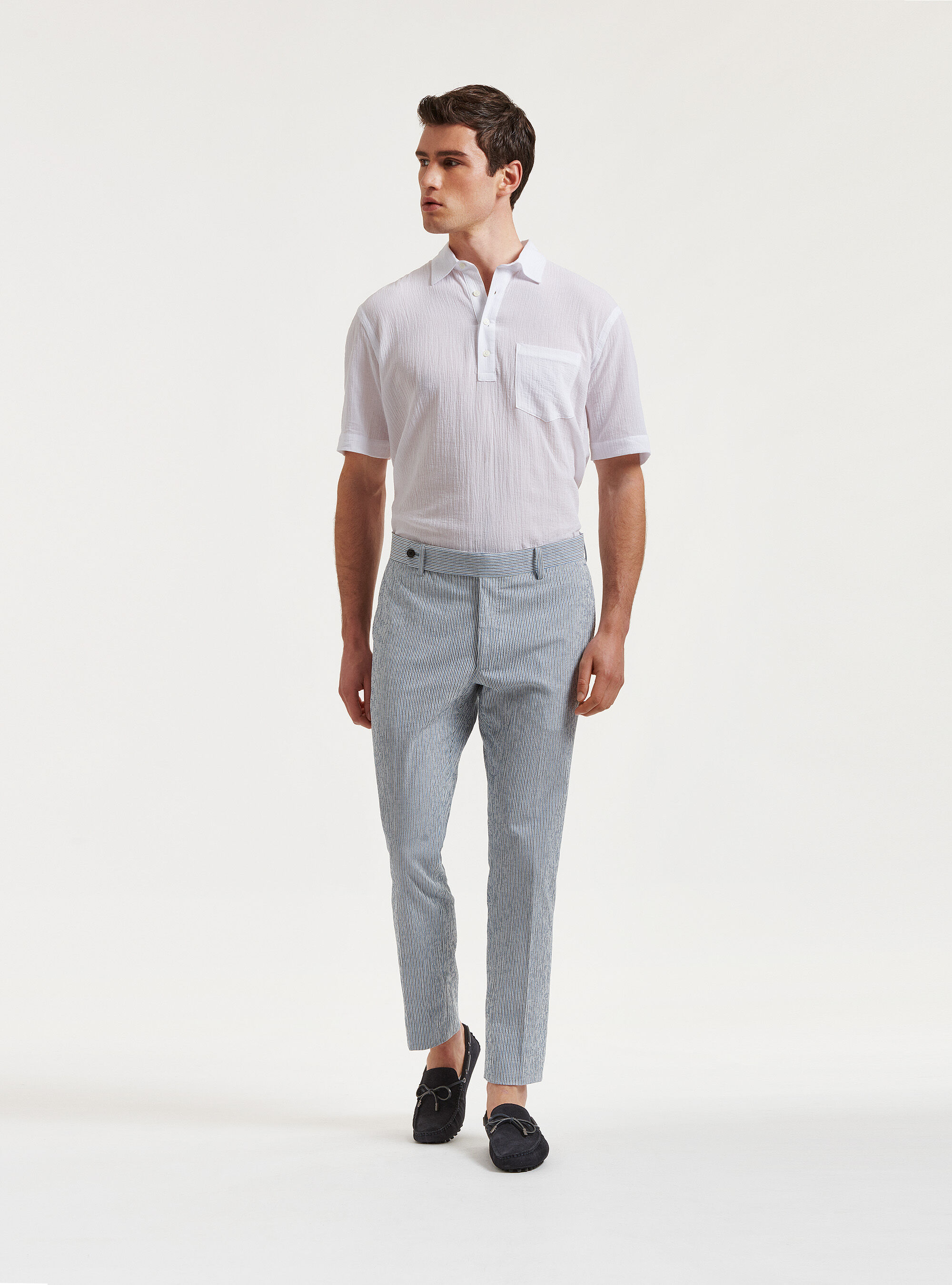 Pantaloni seersucker in cotone e lino rigato, AZZURRO