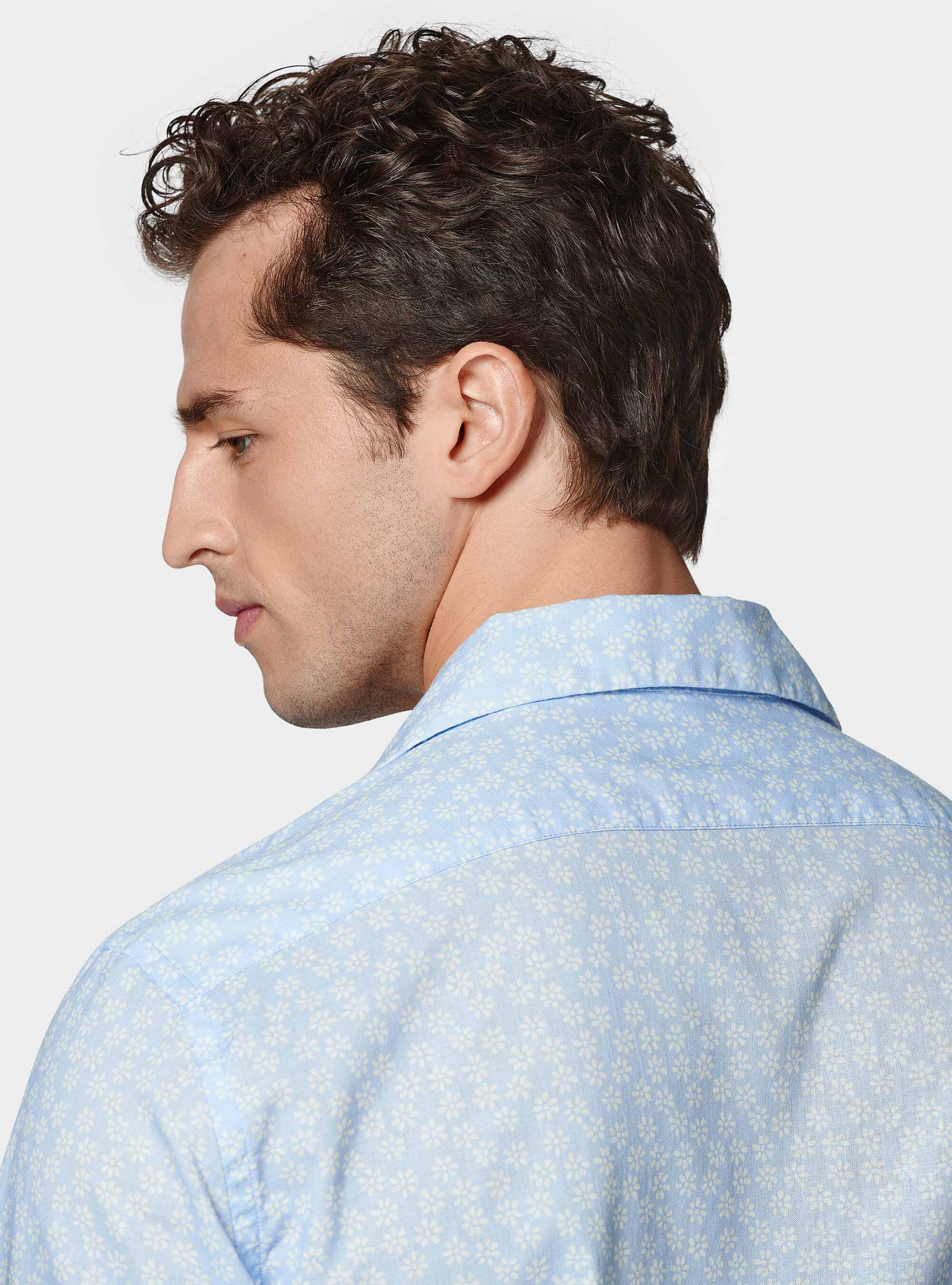 Chemise bowling, lin et coton imprim&eacute;, BLEU CIEL