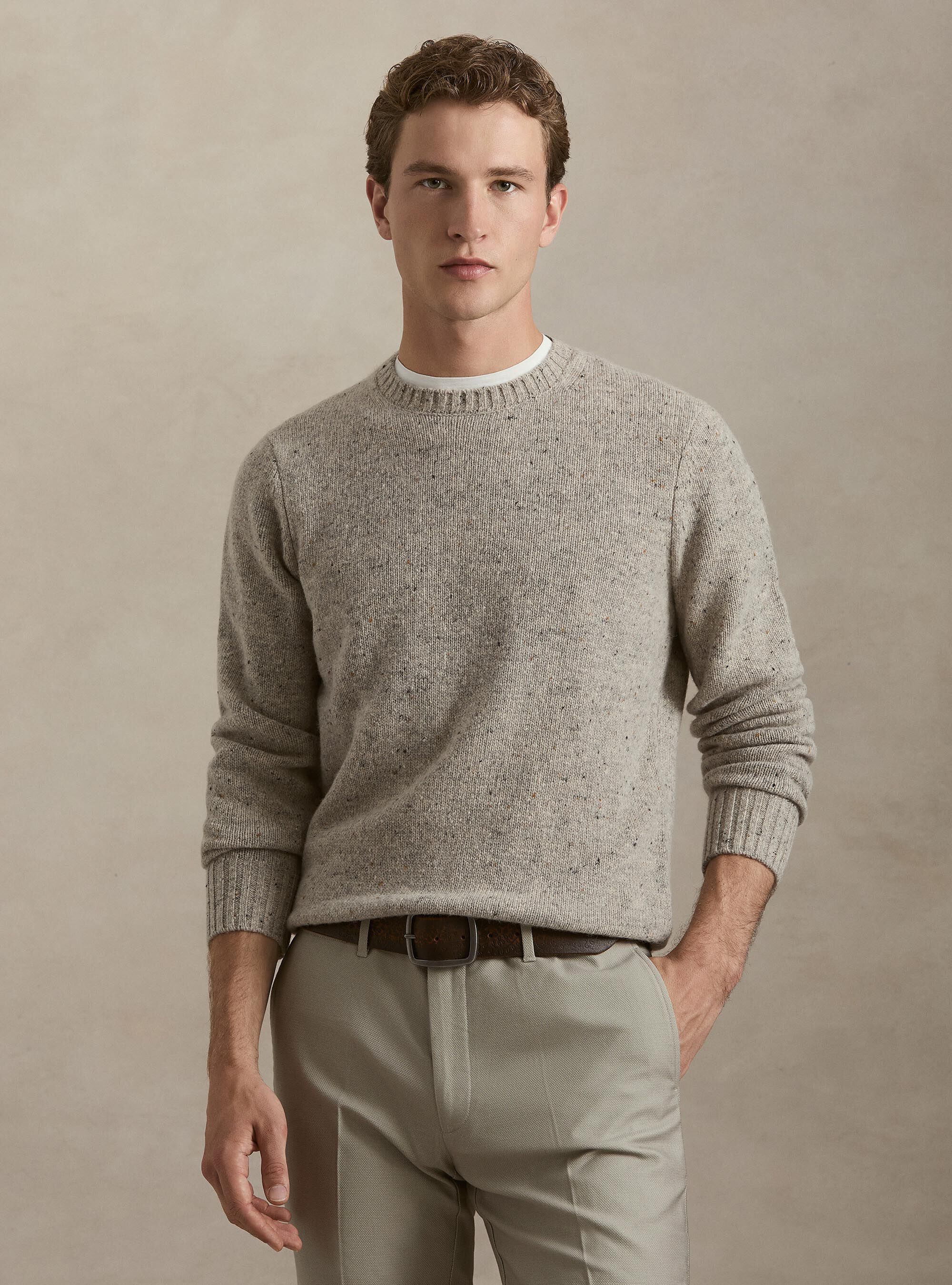 Donegal-style merino wool blend crewneck sweater