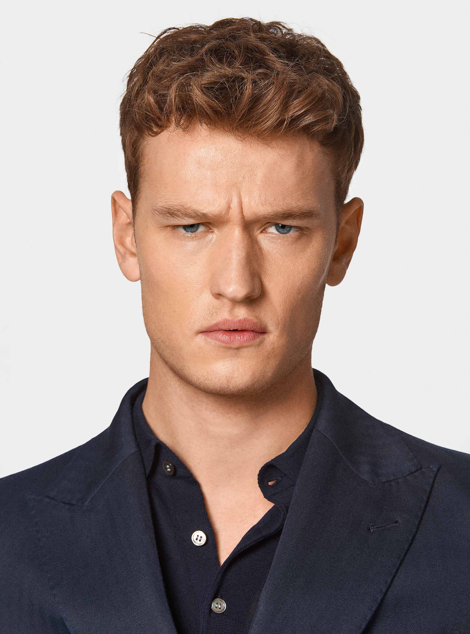 Giacca abito doppiopetto in cotone e lino, BLU NAVY