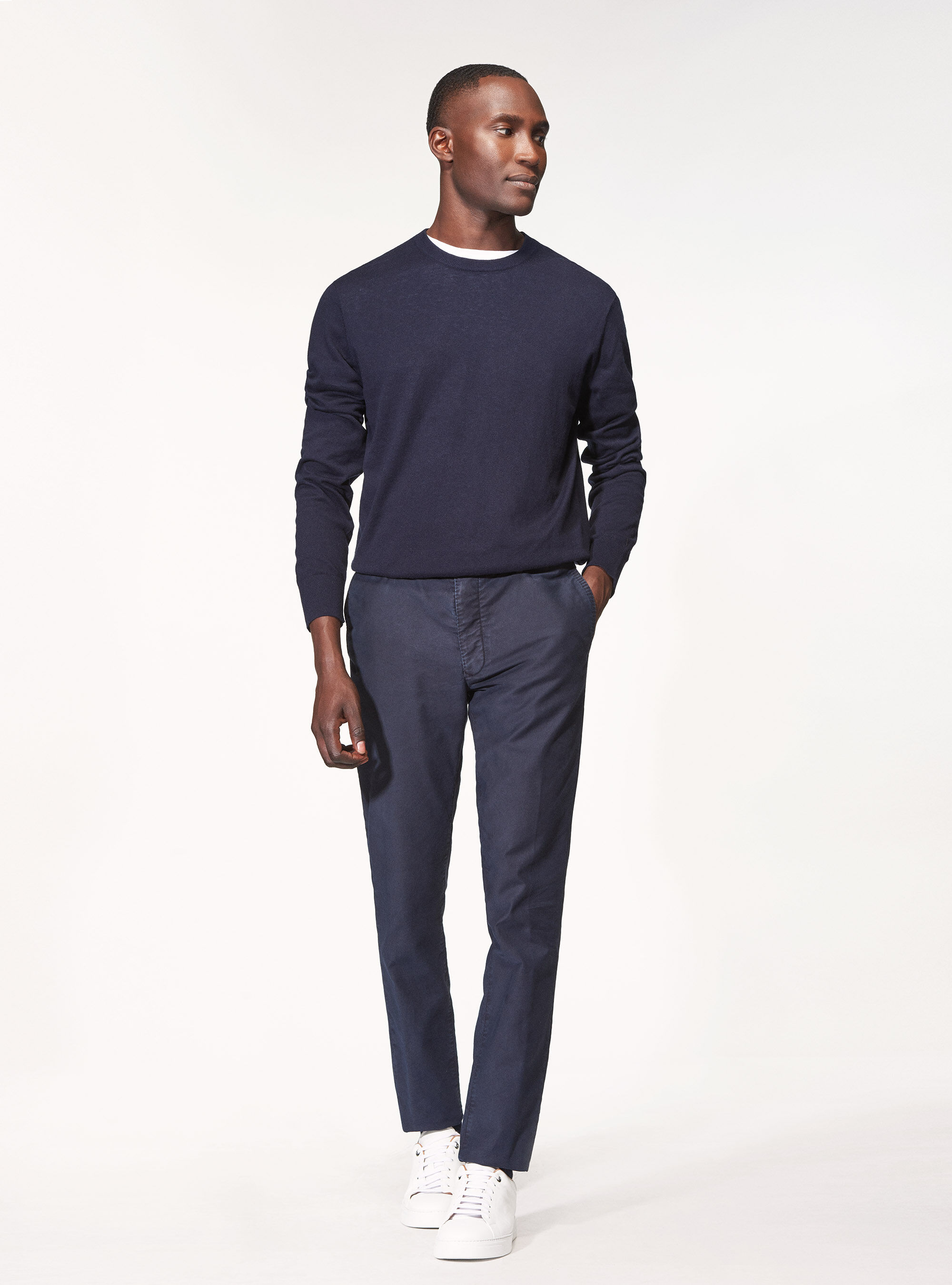 Jersey de cuello redondo de algod&oacute;n, seda y cachemira, AZUL MARINO