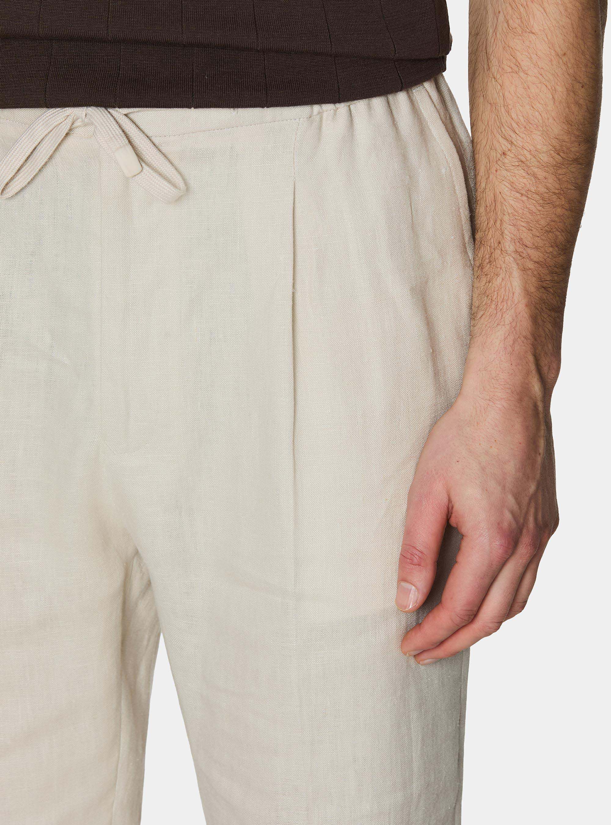 Pantaloni in puro lino con pince e coulisse, ECRU