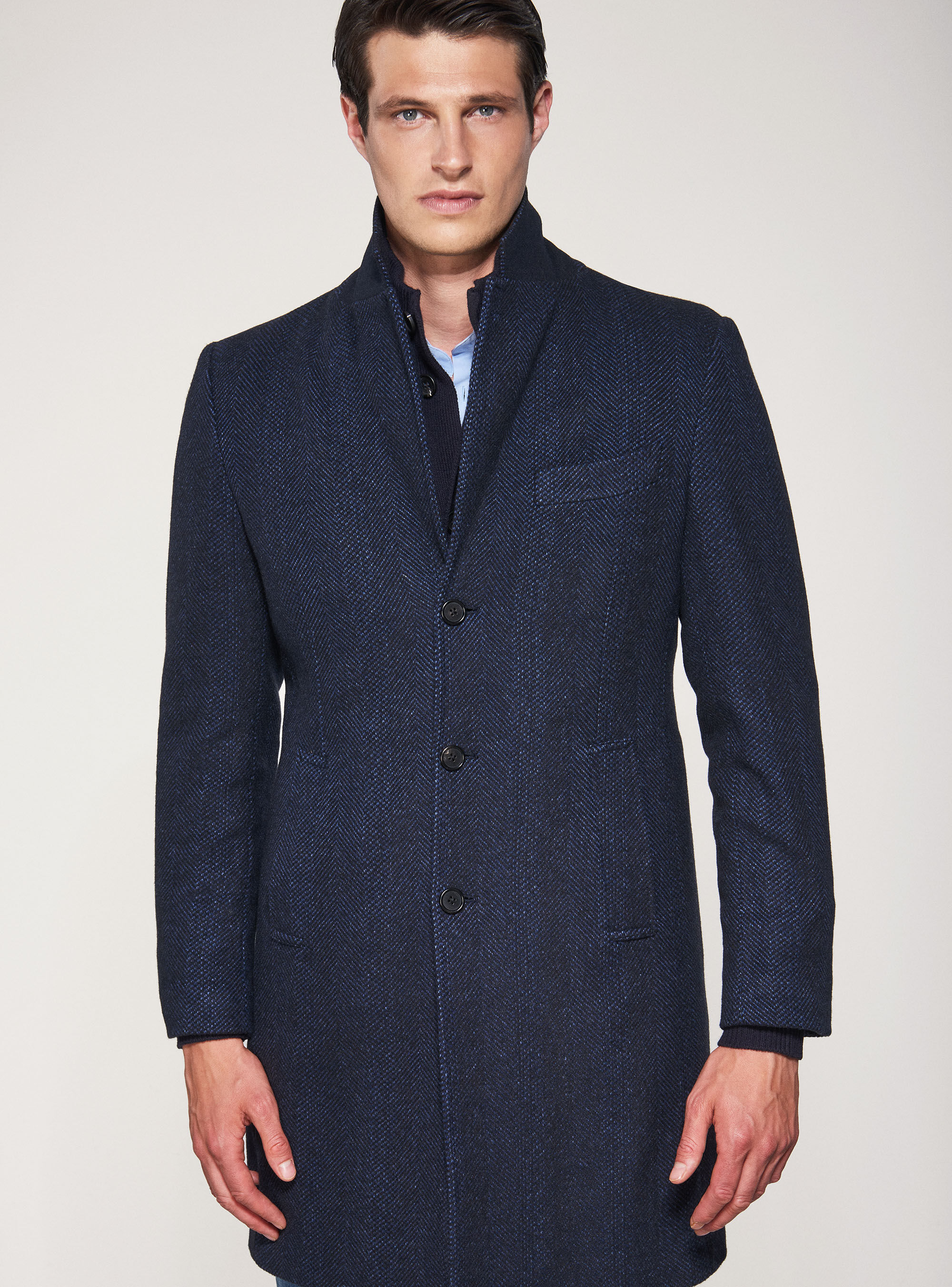 Herringbone wool blend cheap zip overcoat