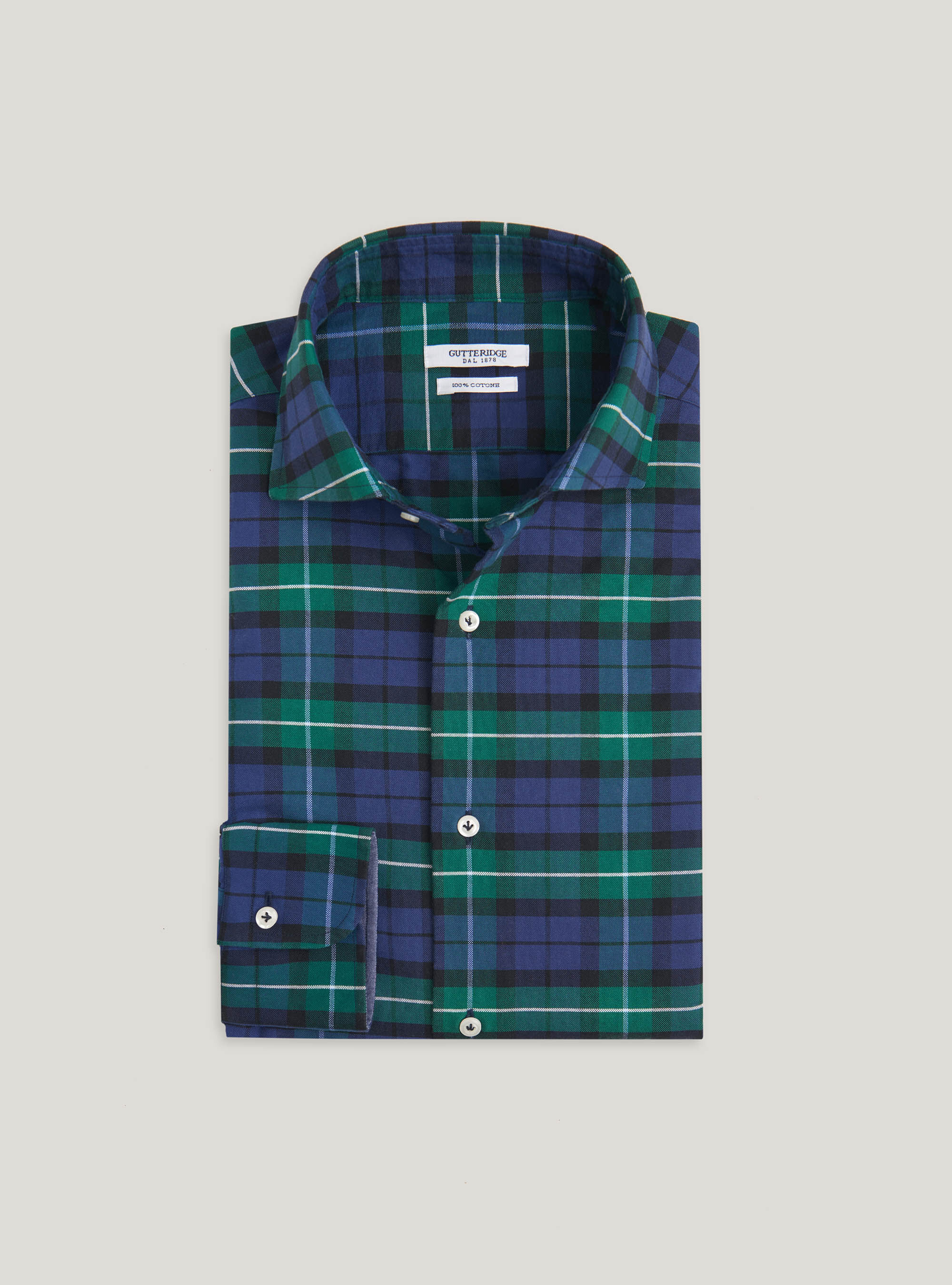 Semi-open collar french collar shirt in tartan cotton, BLUE