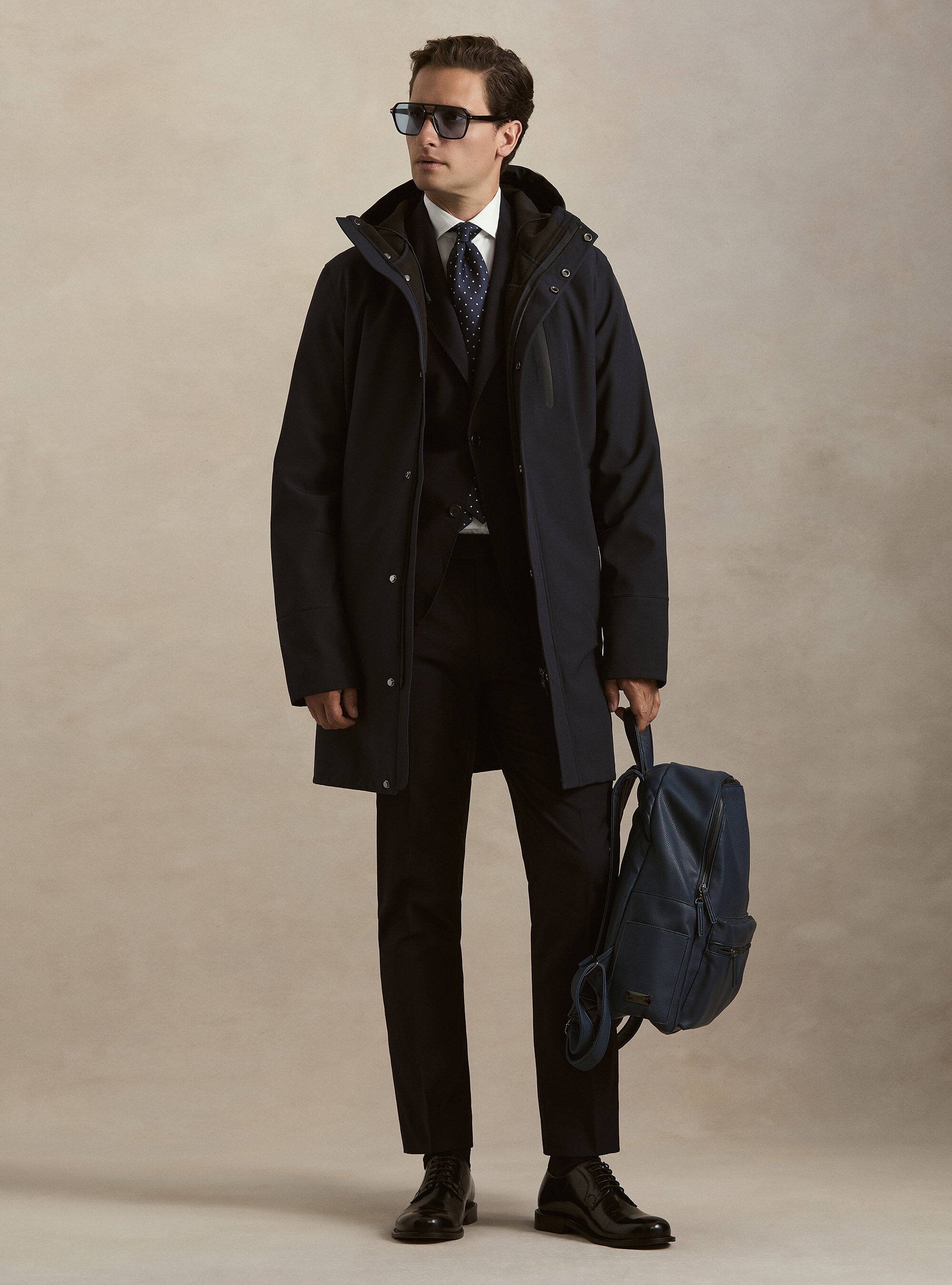 Giubbino lungo tecnico con cappuccio, BLU NAVY