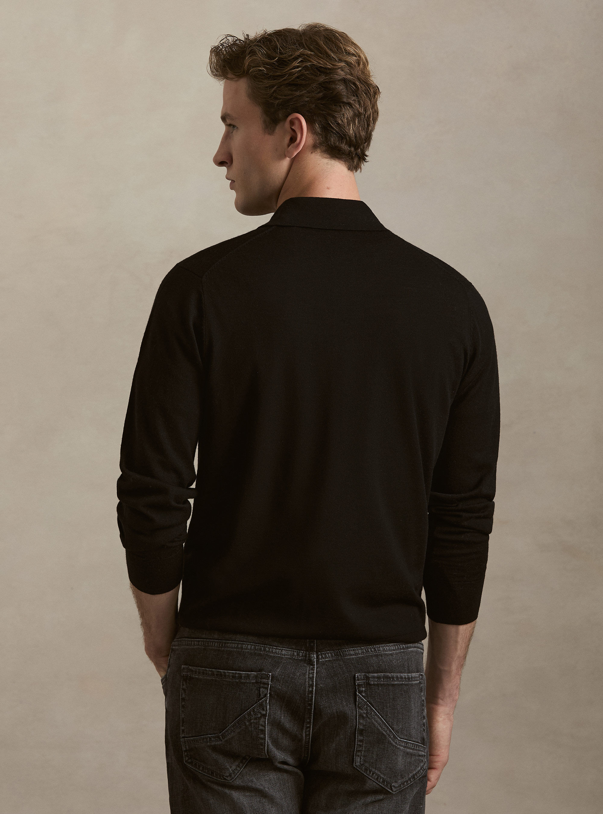 Extrafine merino wool knit polo shirt, BLACK