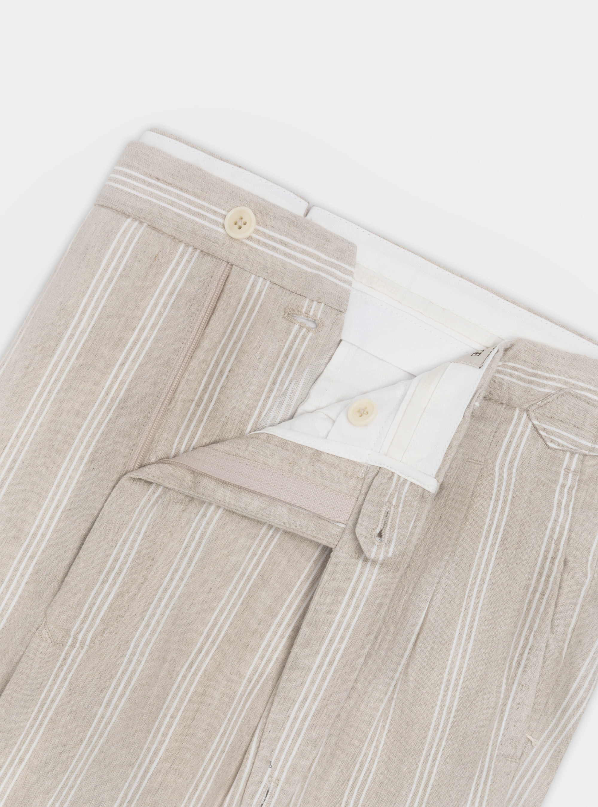 Linen and cotton double pleat trousers with strap, ECRU