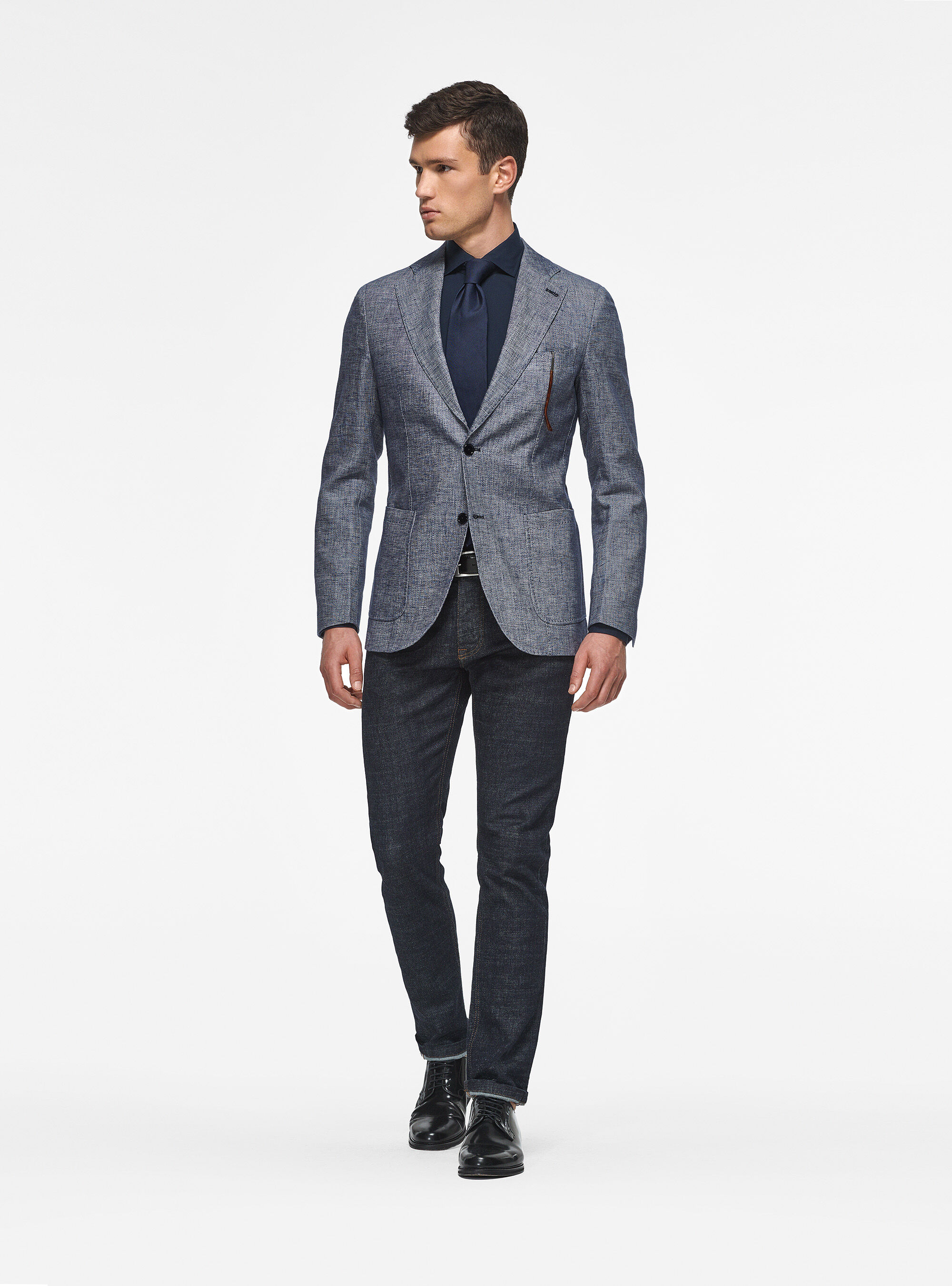 Geflammte Jacke aus Leinen und Baumwolle, NAVY 0218C