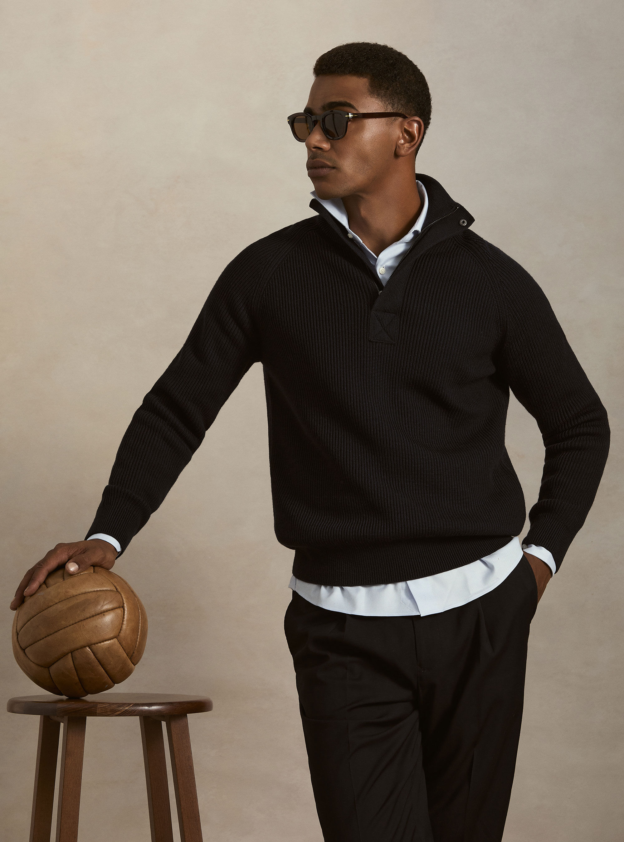 Pull demi-zip en laine et coton c&ocirc;tel&eacute;