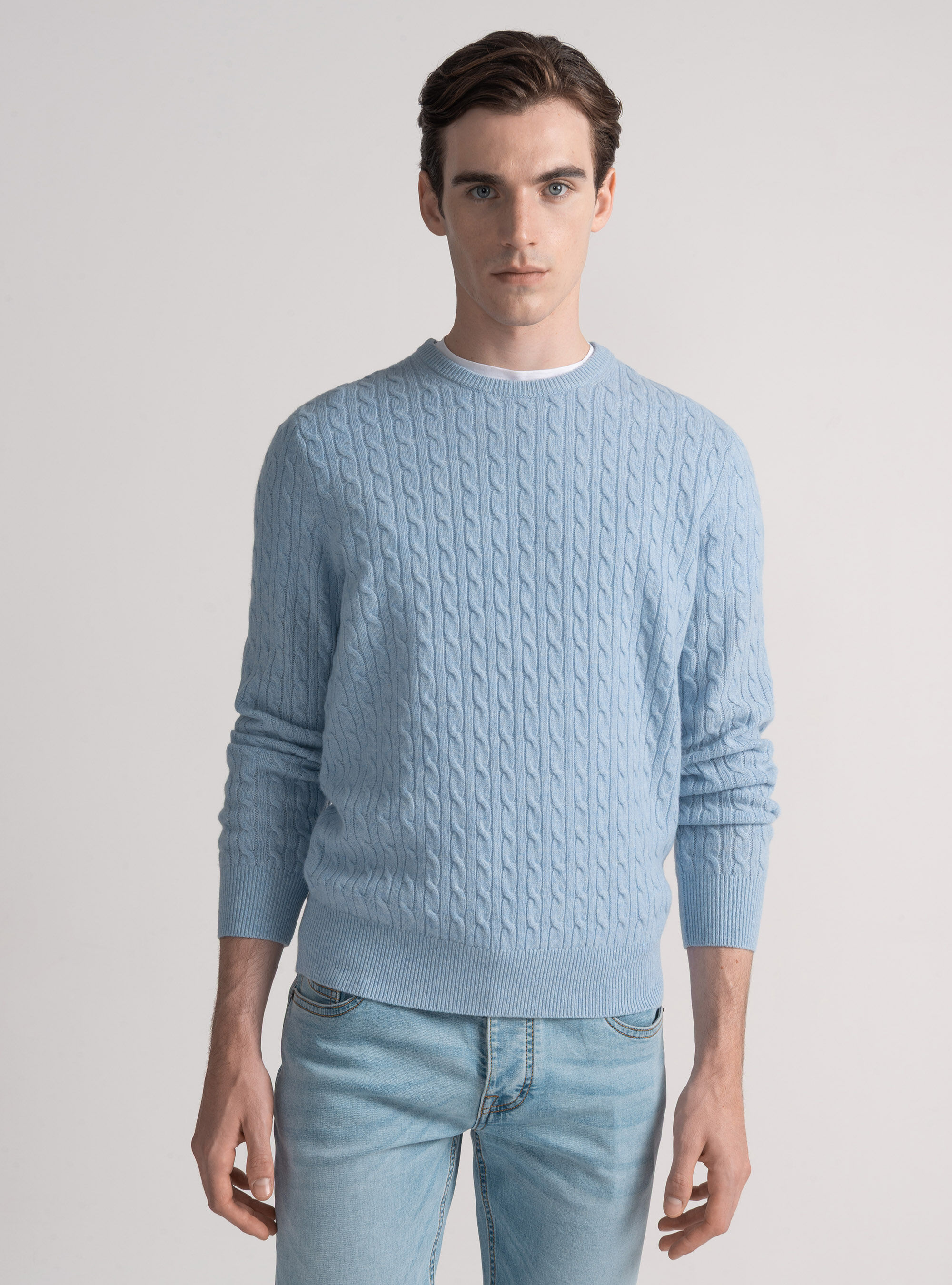 Cashmere wool crew-neck sweater with braid, AZZURRO POLVERE 0283C