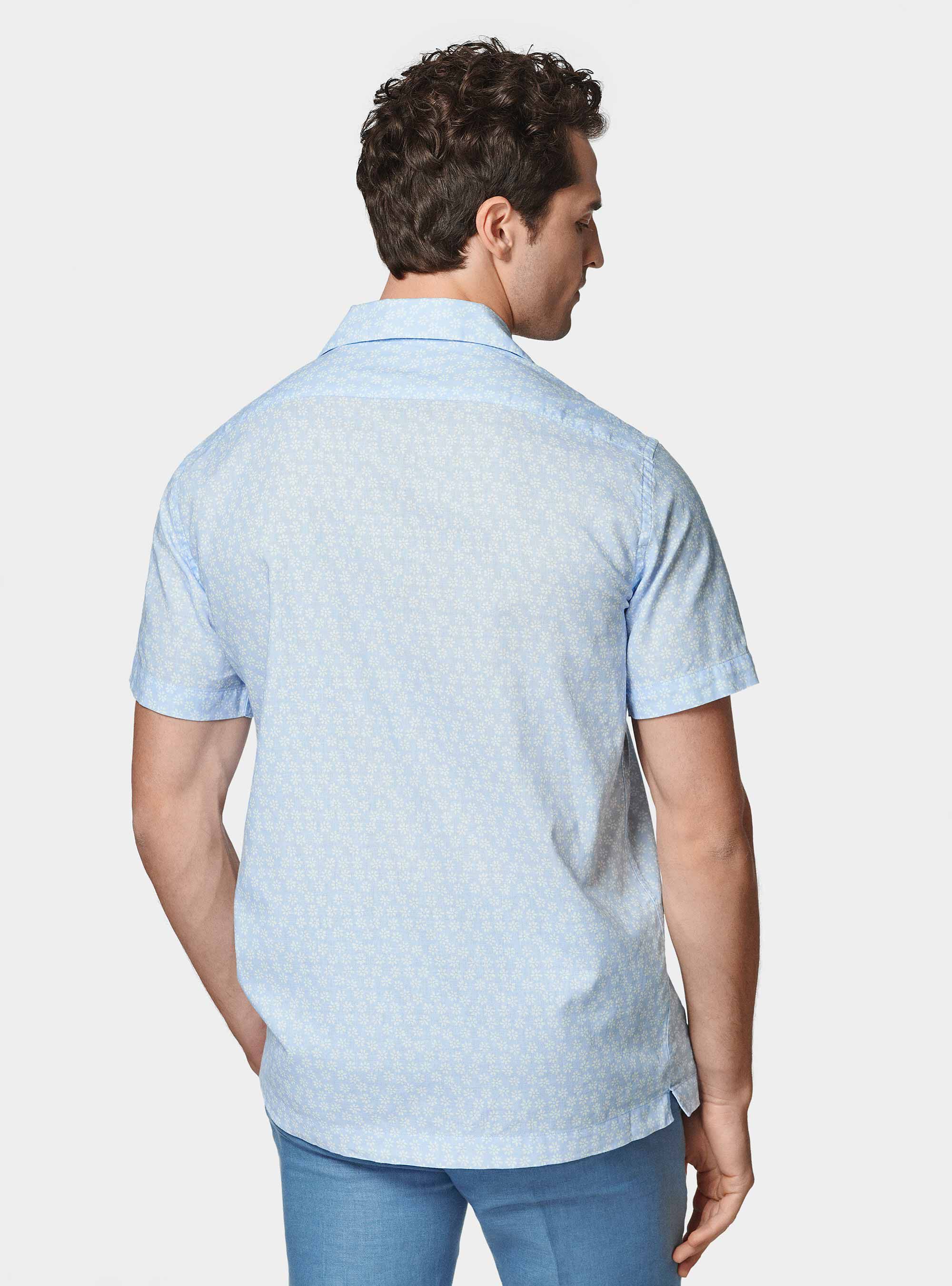 Chemise bowling, lin et coton imprim&eacute;, BLEU CIEL