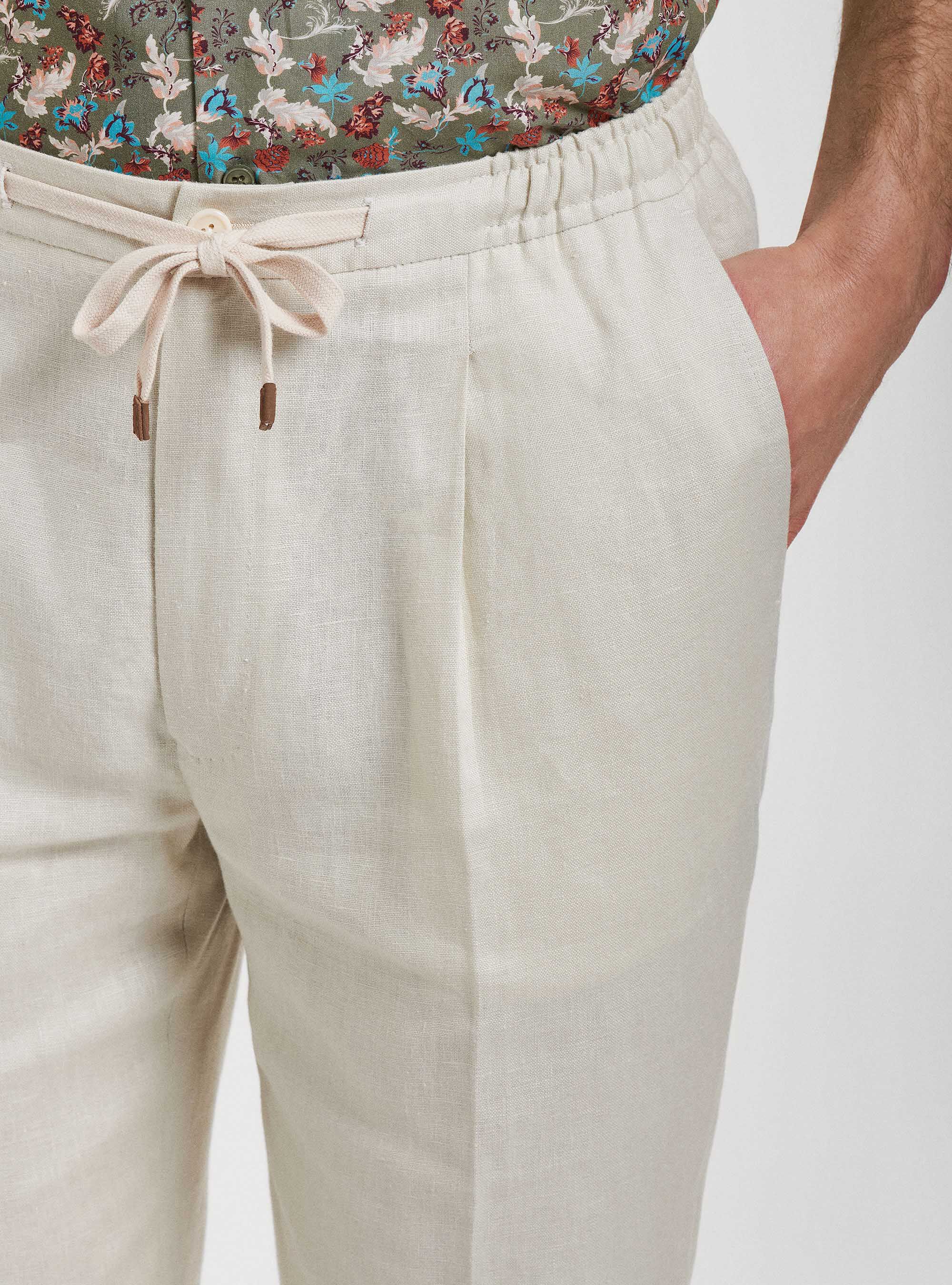 Pure linen pleat and drawstring trousers, ECRU
