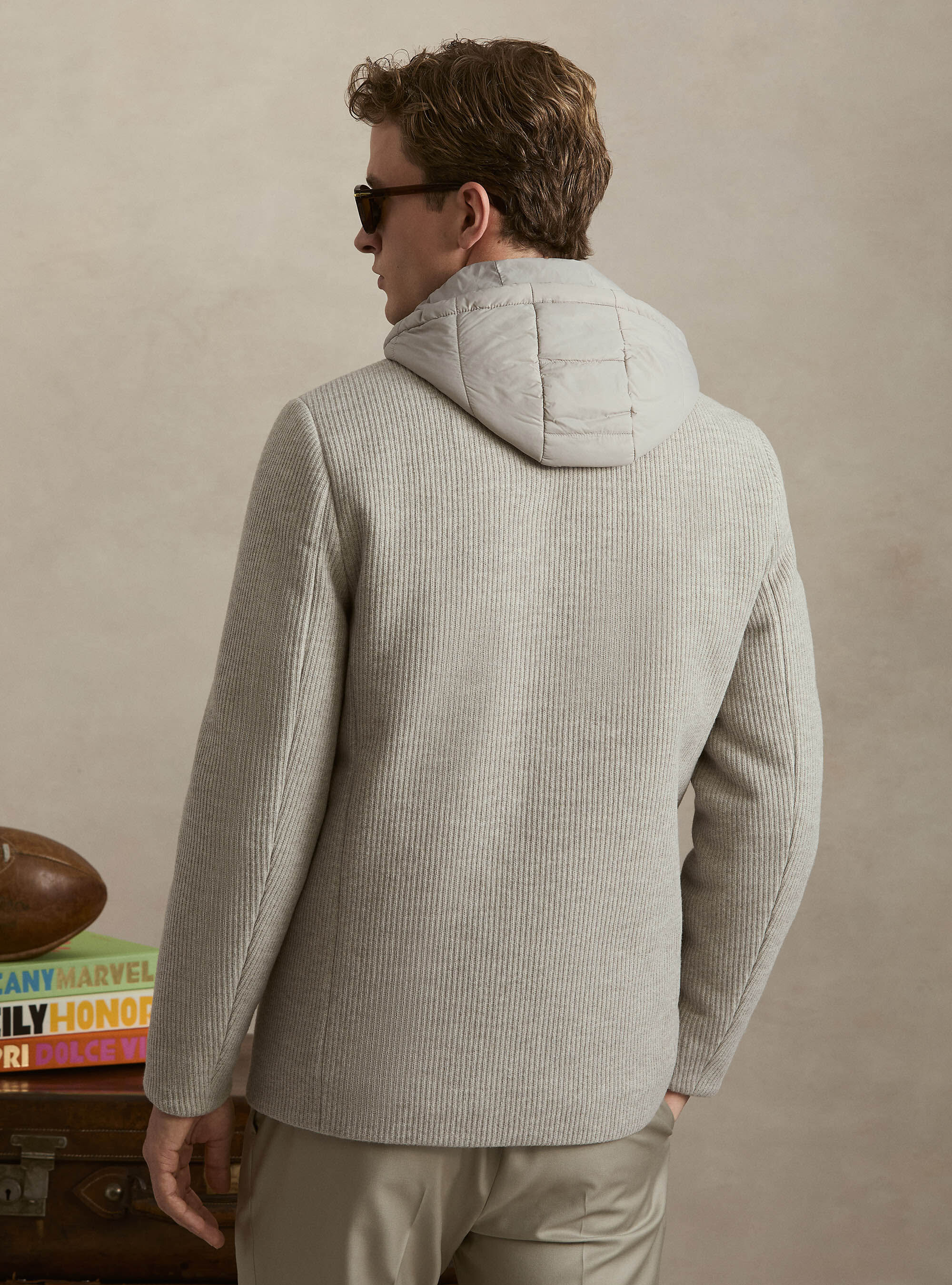 Double-breasted ribbed jacket with removable bib and hood, ECRU