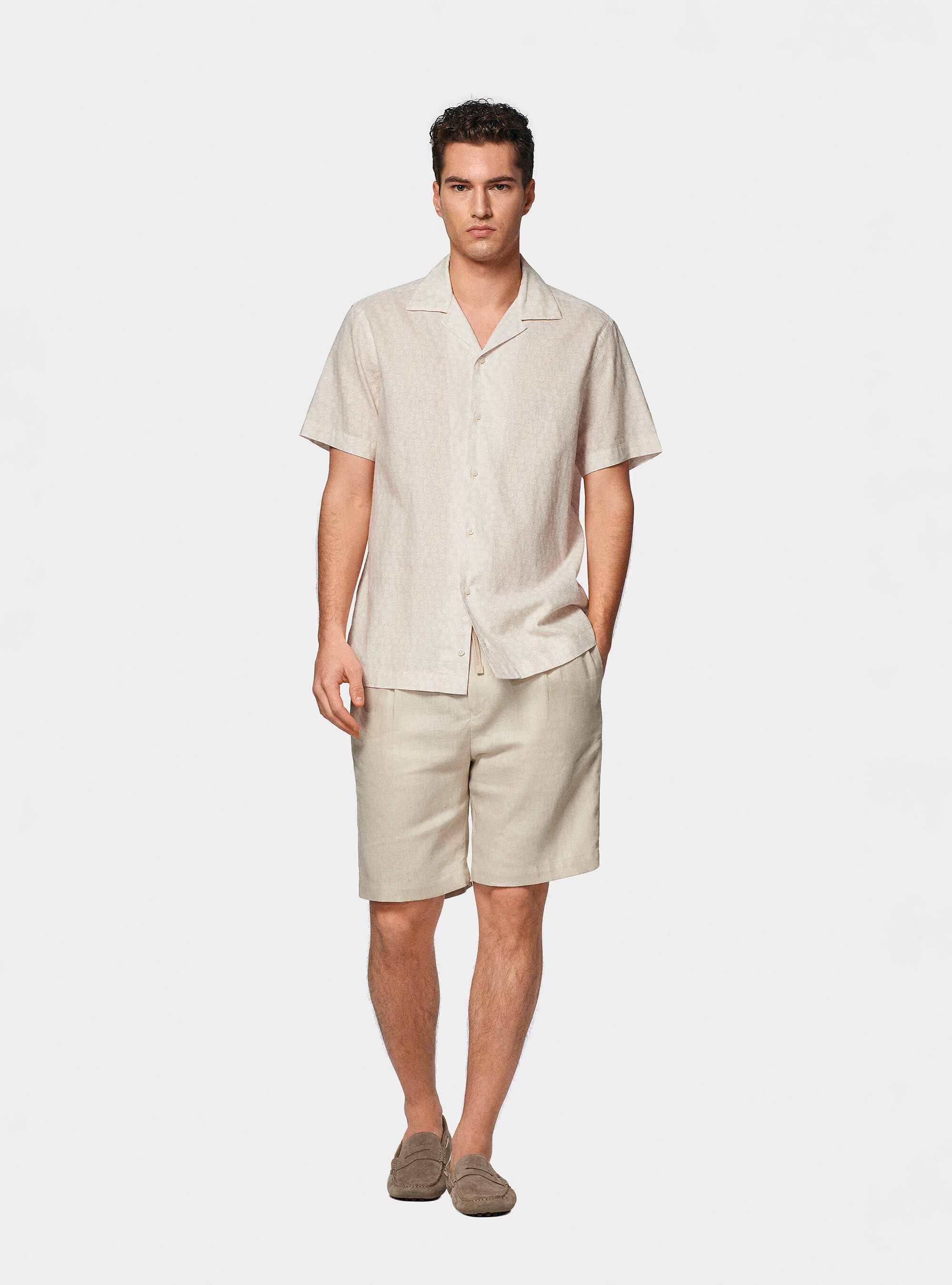 Camicia bowling in lino e cotone stampato, ECRU