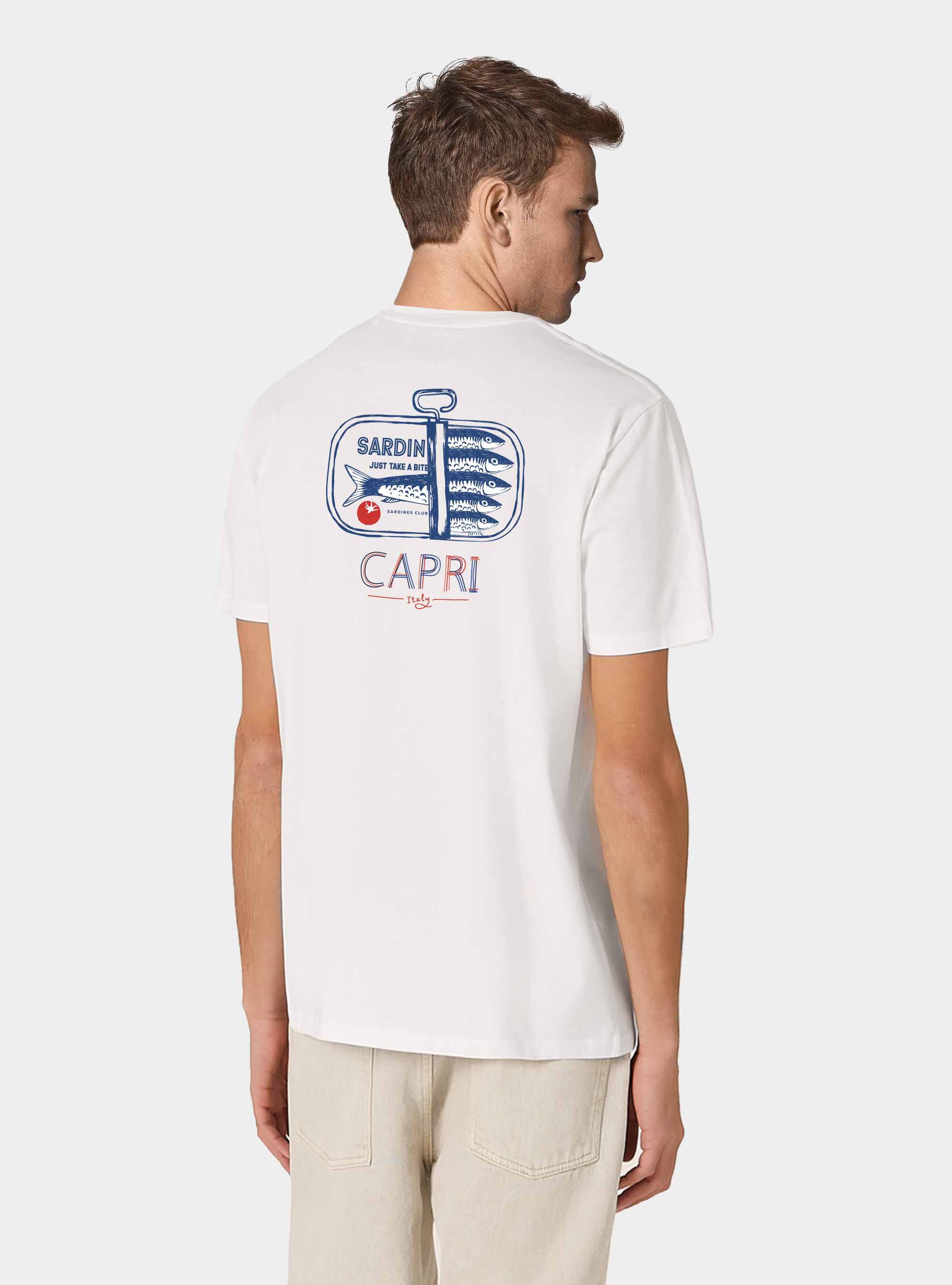 T-shirt mezza manica in cotone con stampa Capri Italy, BIANCO