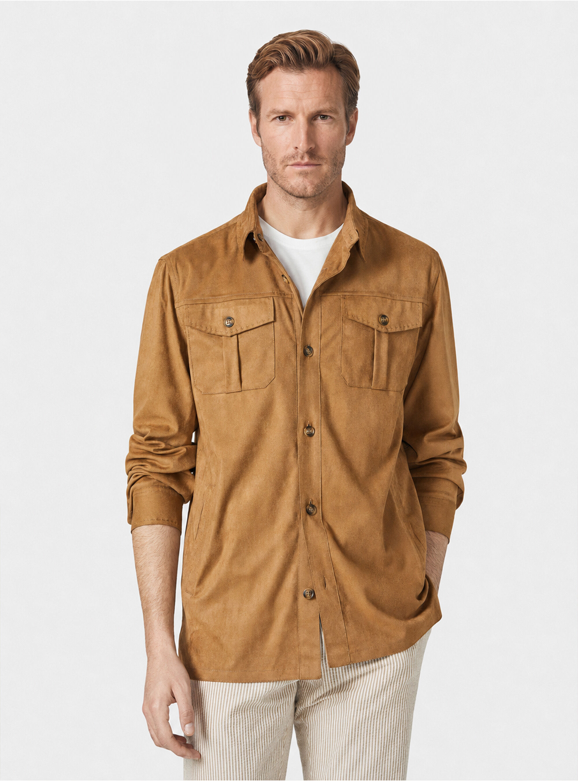 Suede effect shirt jacket, BROWN