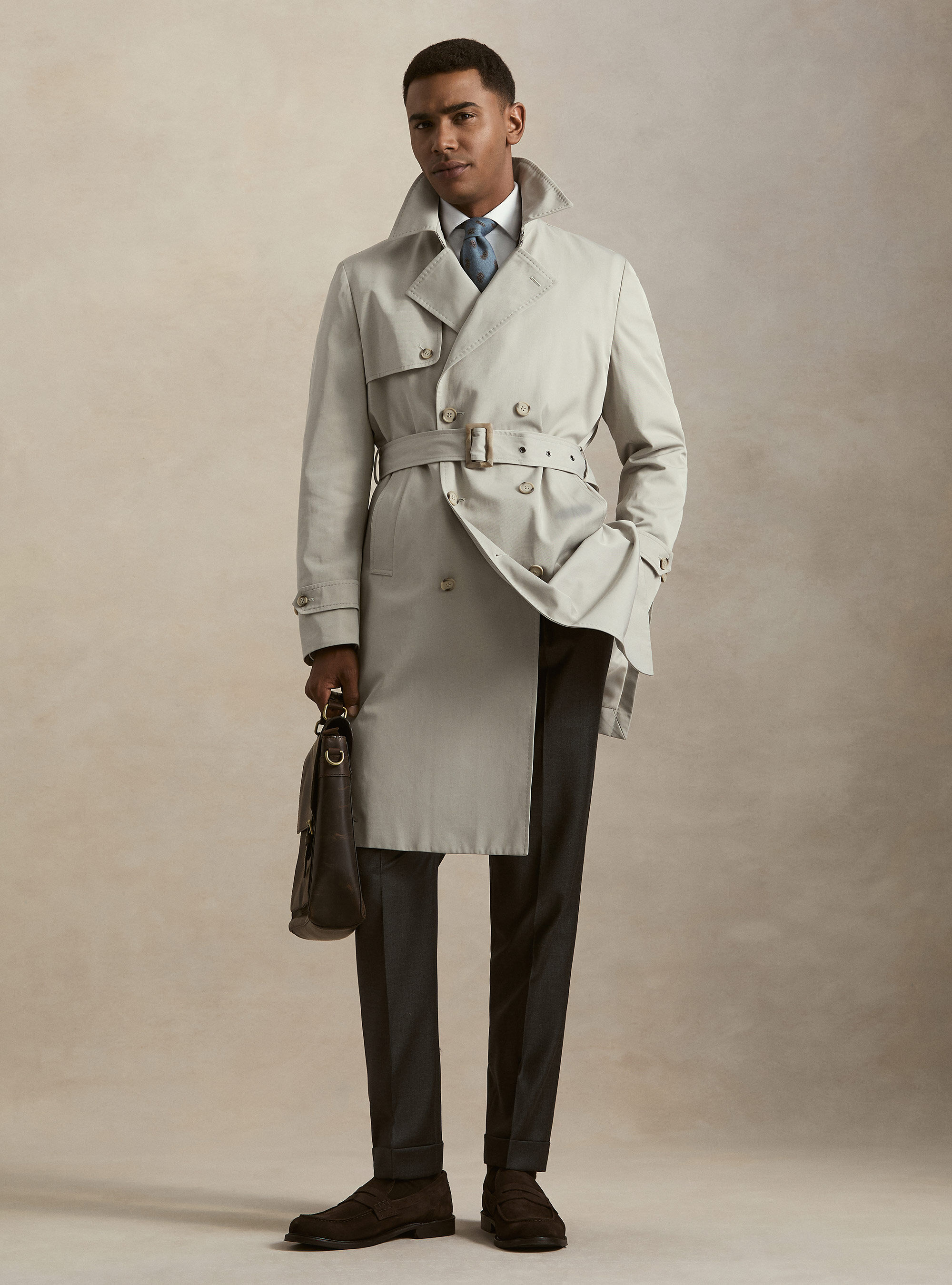 Double-breasted cotton blend trench coat, ECRU