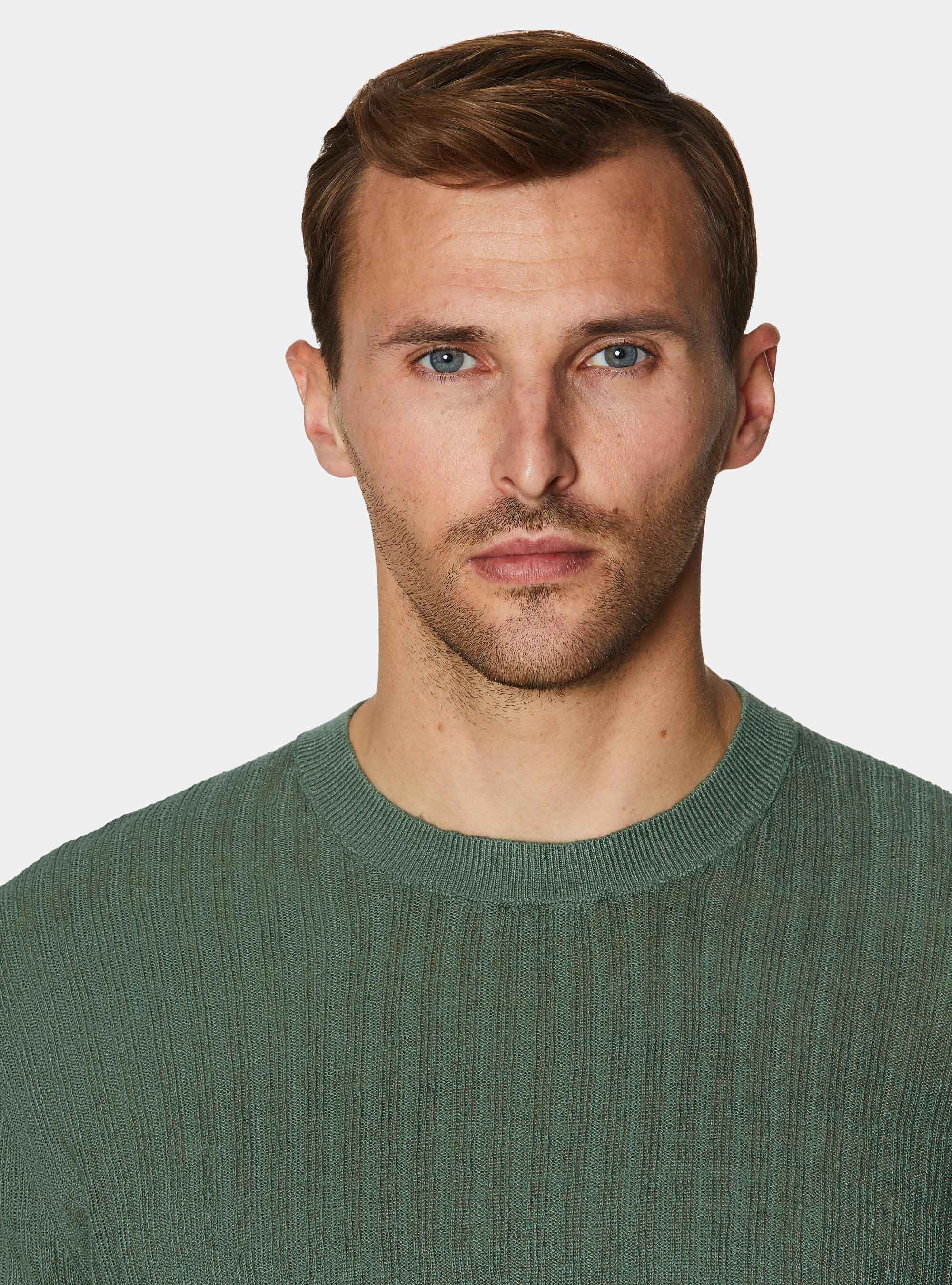 Maglia girocollo a costine in puro lino, SALVIA 0602C