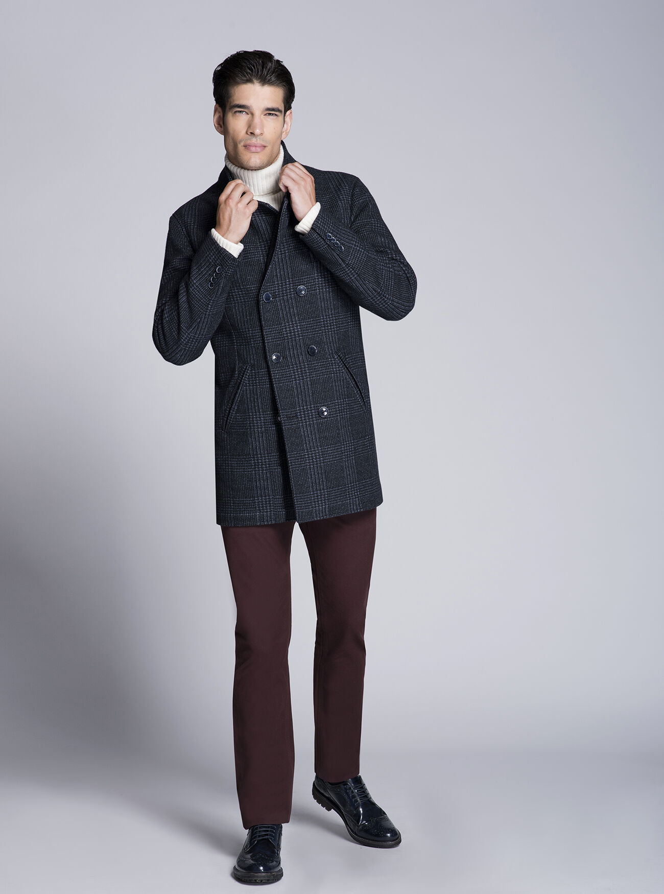 Giaccone doppiopetto a quadri con zip, BLU NAVY