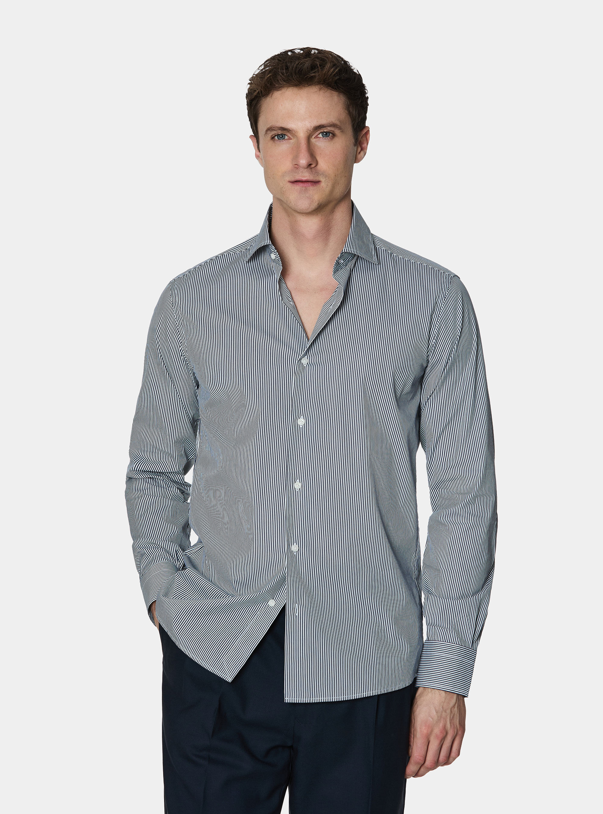 Striped cotton poplin stretch shirt, NAVY BLUE