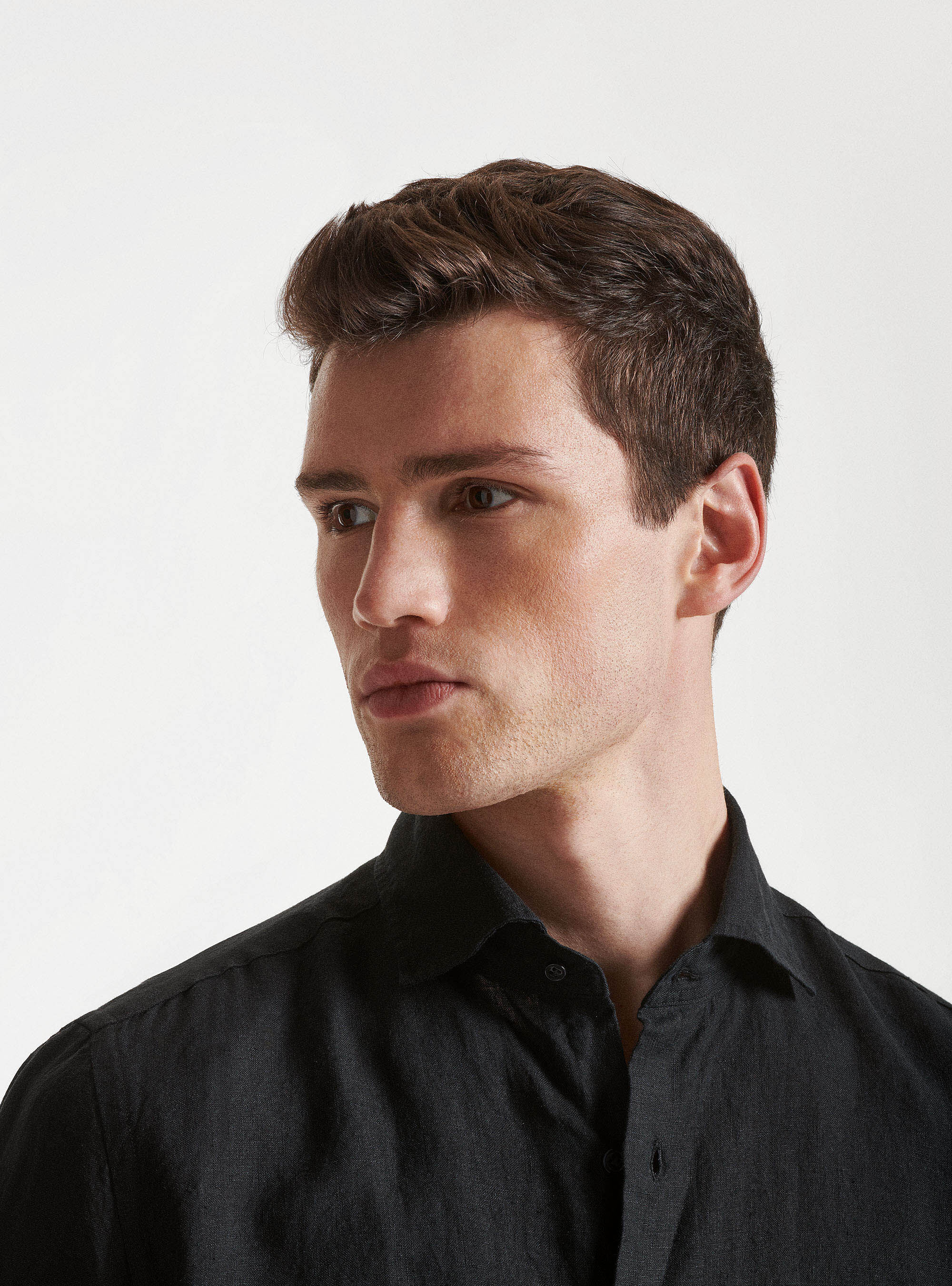 Camicia collo semi francese in puro lino, NERO