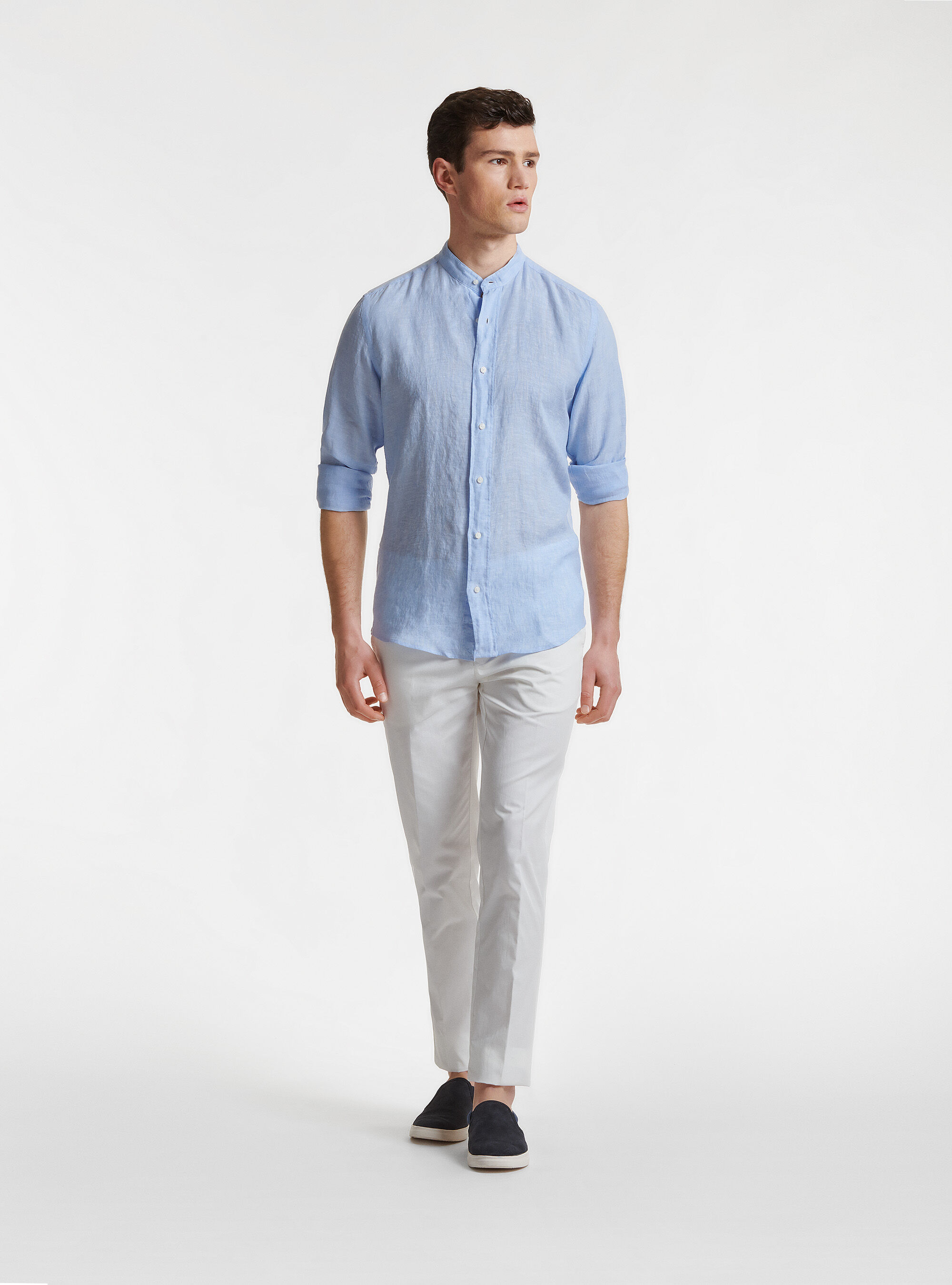 Camicia collo coreano in puro lino, AZZURRO