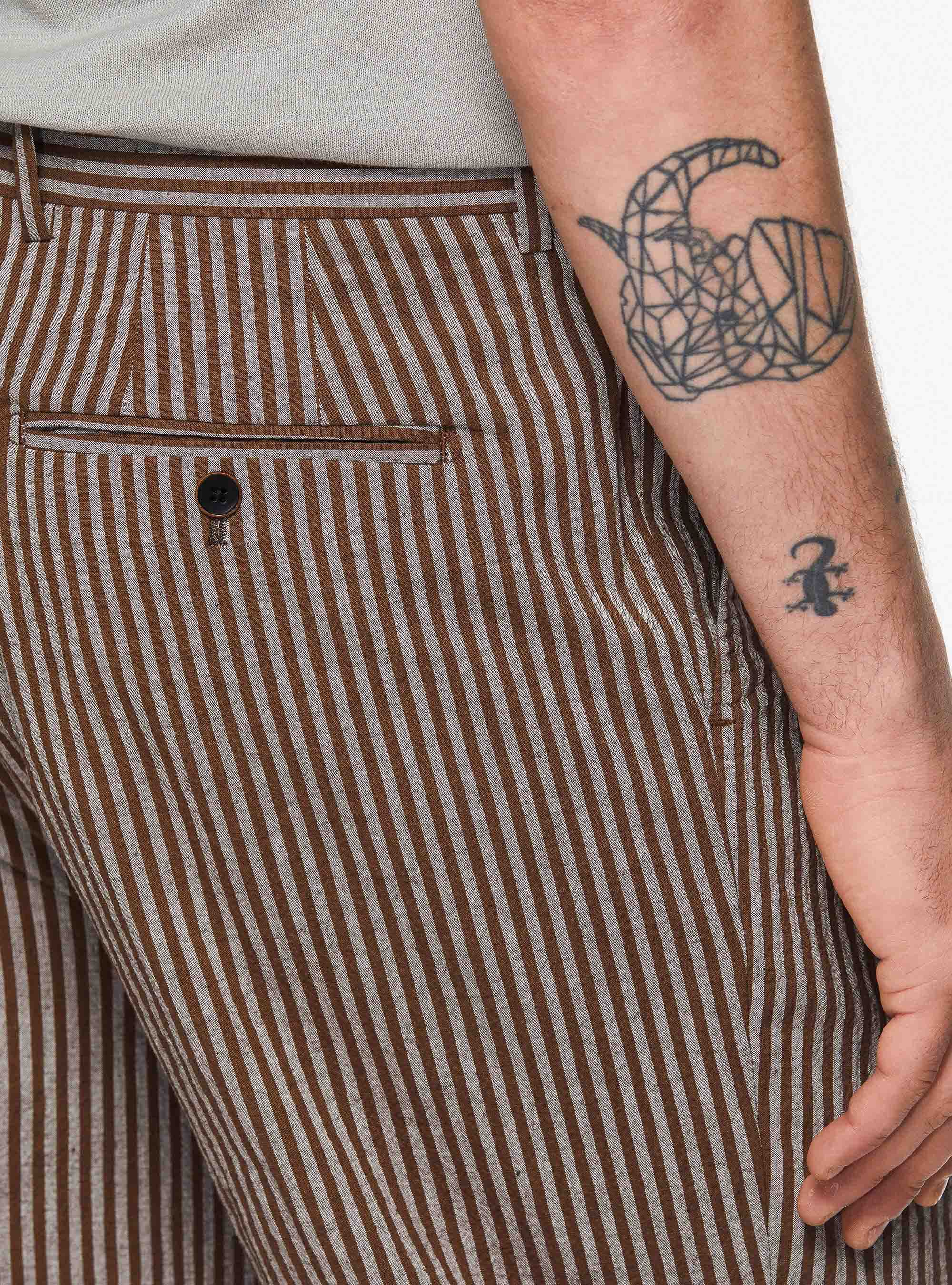 Pantaloni con pinces in seersucker rigato, TABACCO